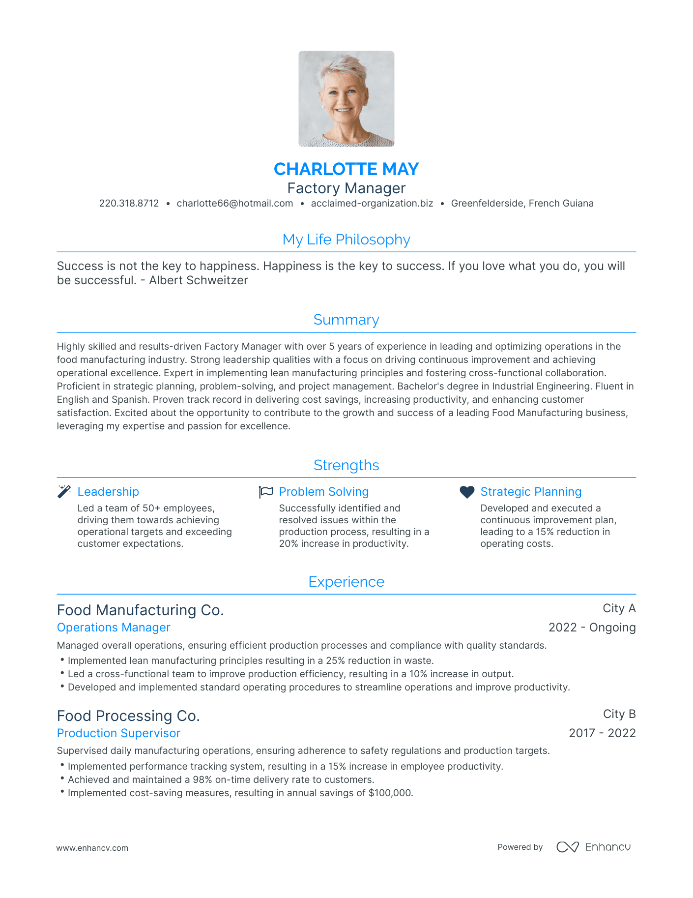 Modern Factory Manager Resume Example