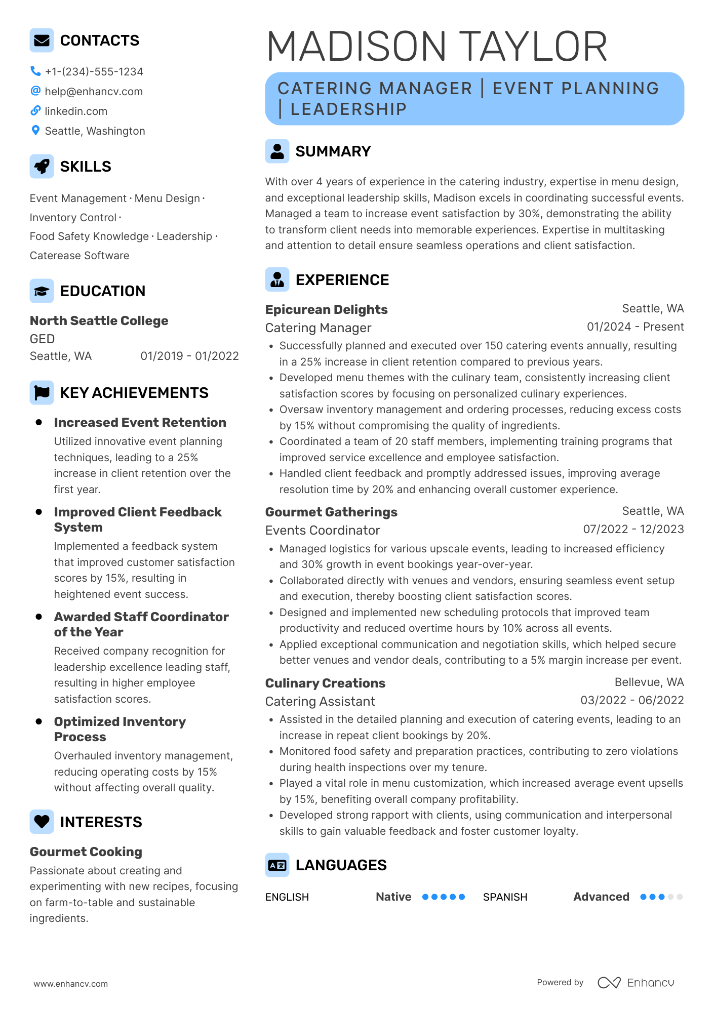 Catering resume example