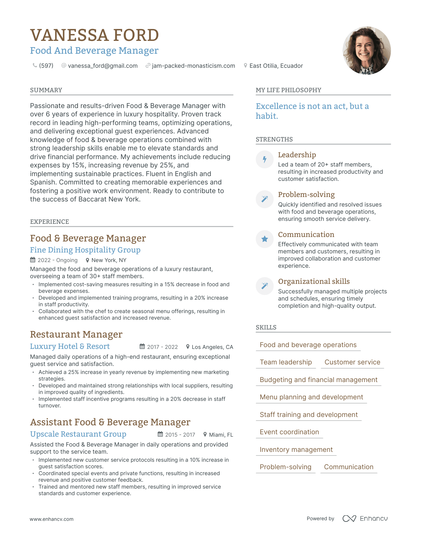 Food And Beverage Manager resume example