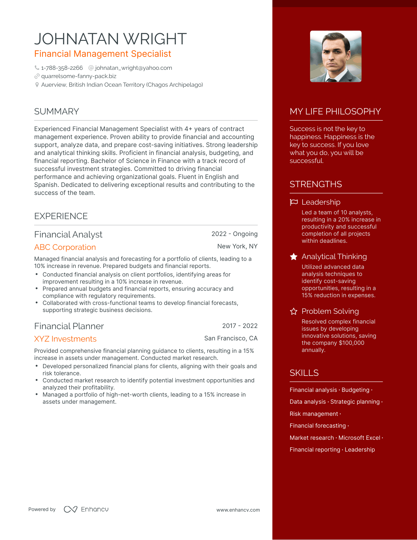 Modern Financial Management Specialist Resume Example