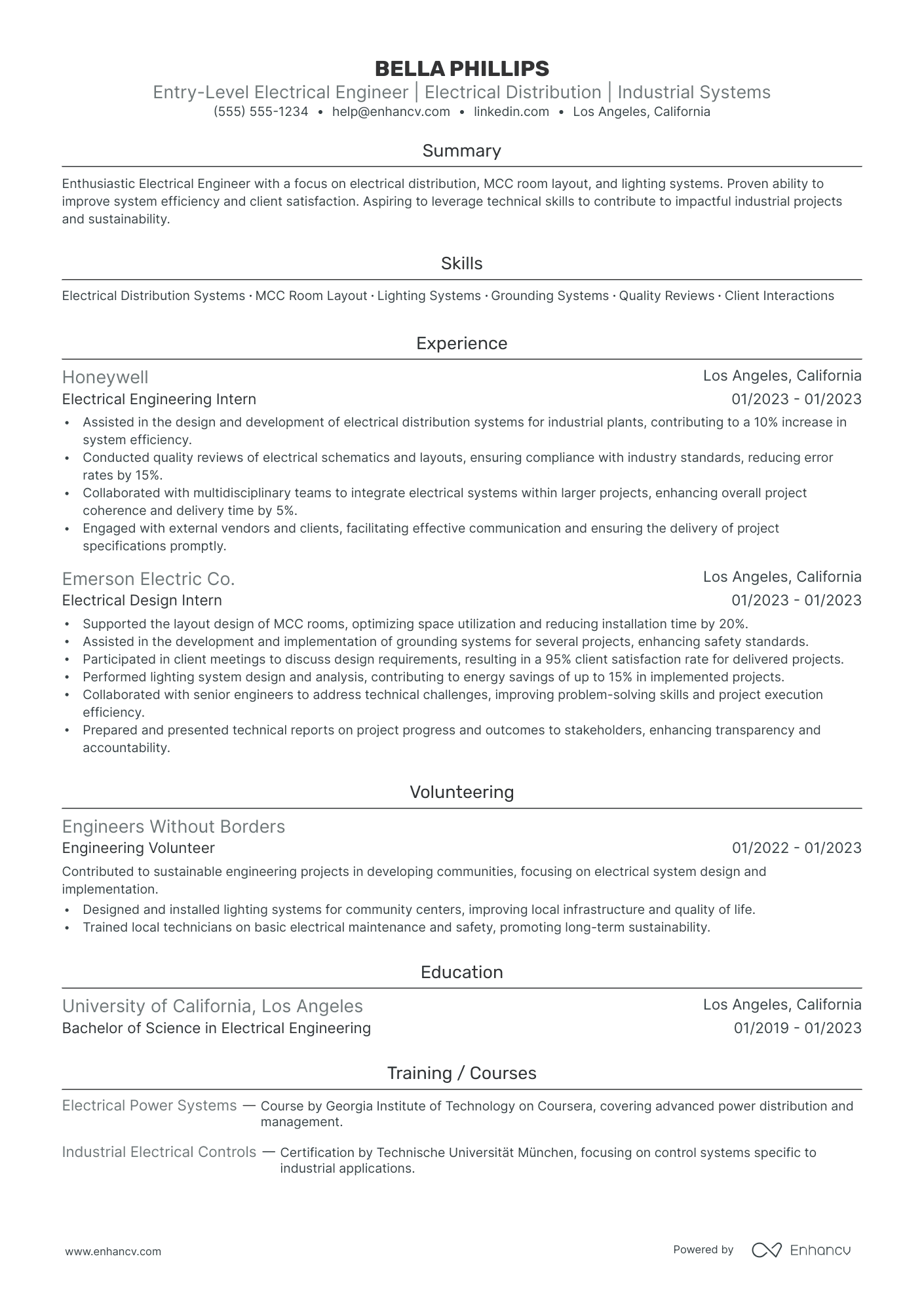 Entry-Level Electrical Engineer resume example