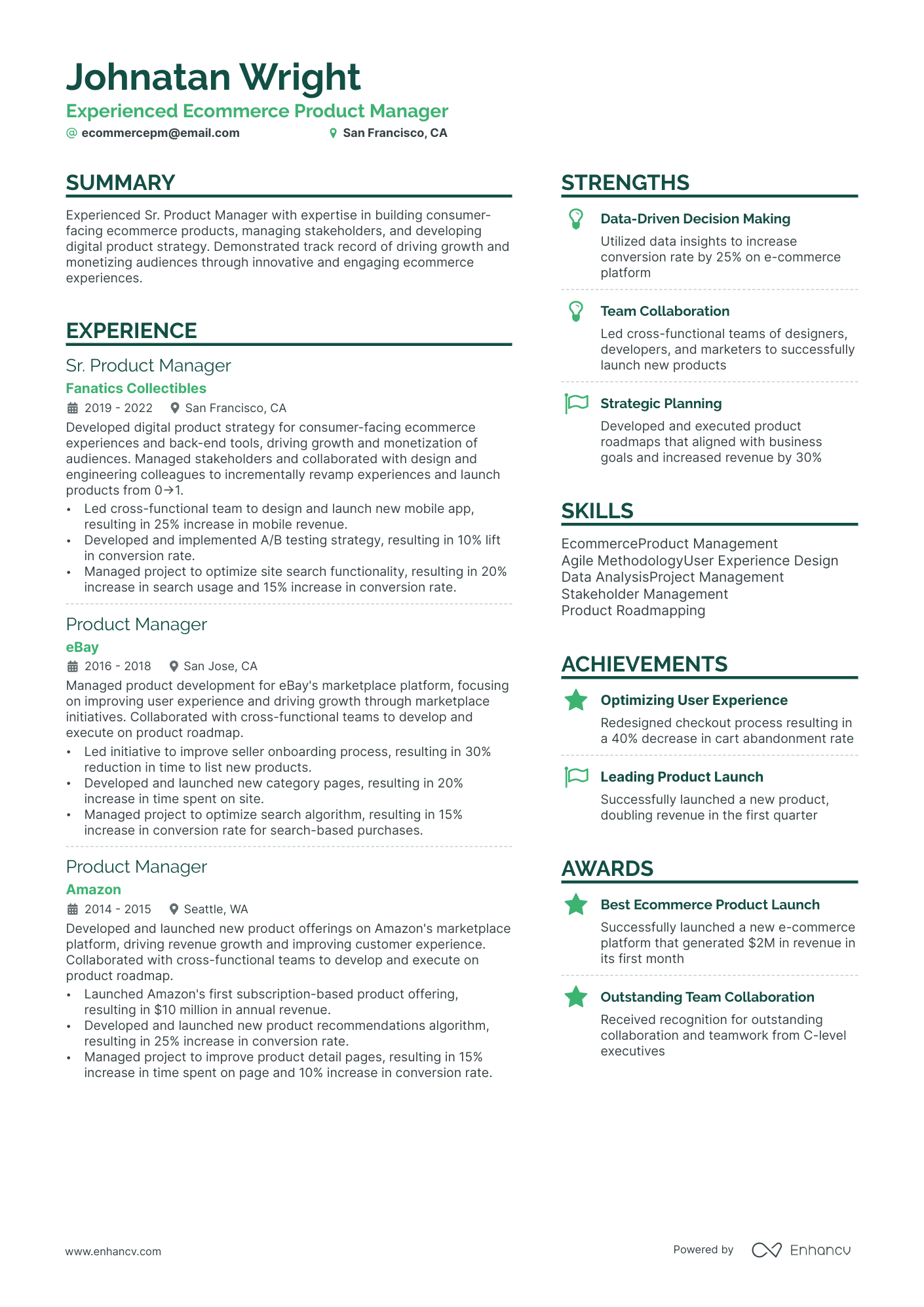 Ecommerce Product Manager resume example