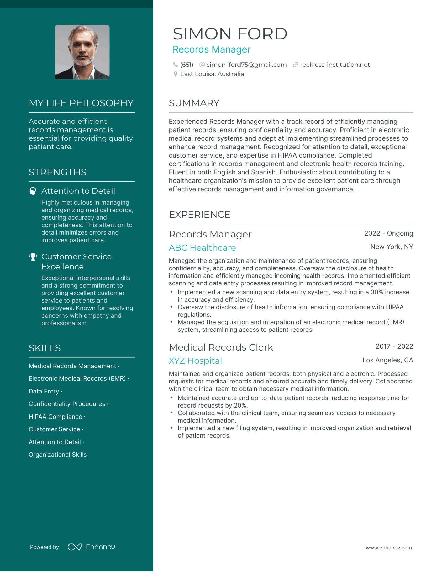 Creative Records Manager Resume Example