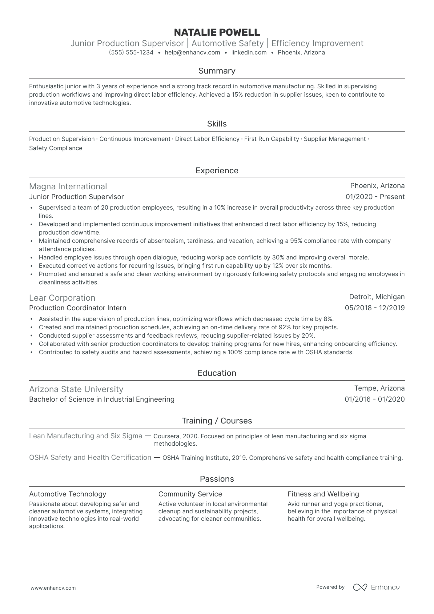 Production Engineer Supervisor resume example