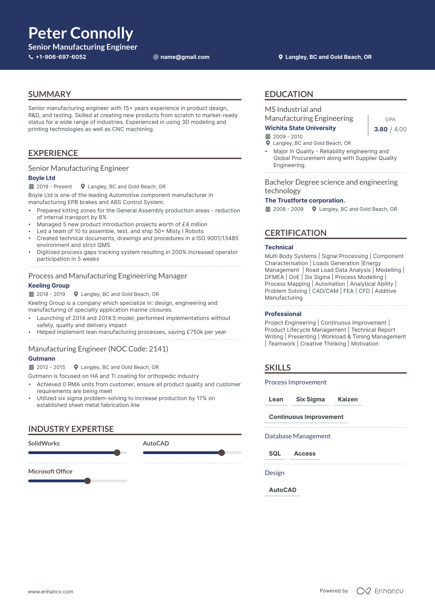 Manufacturing Engineer resume example