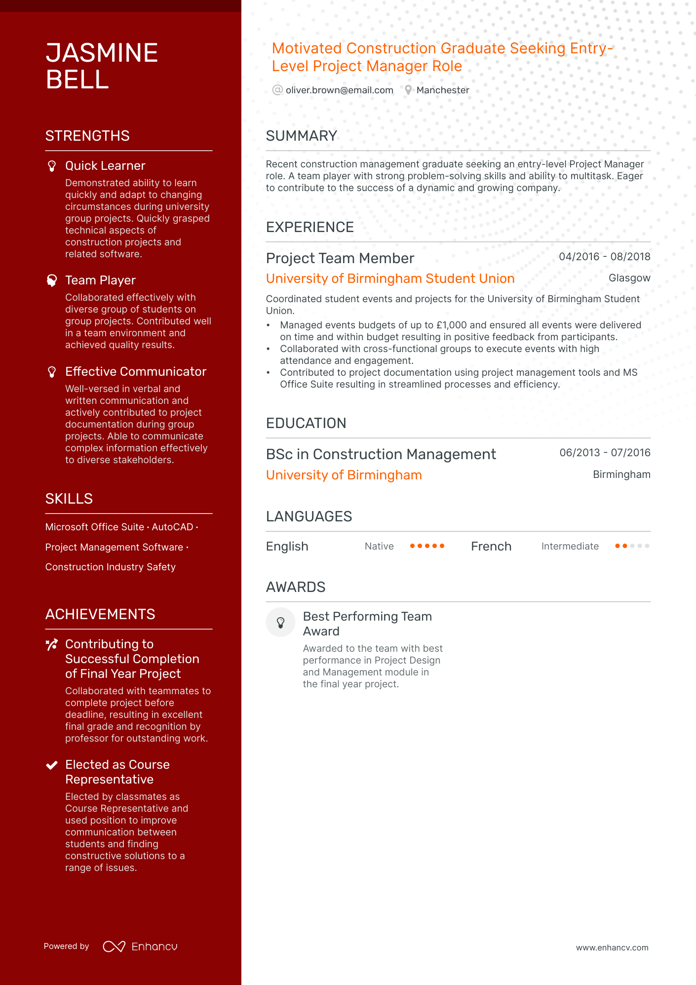 Motivated Construction Graduate Seeking Entry Level Project Manager Role CV example