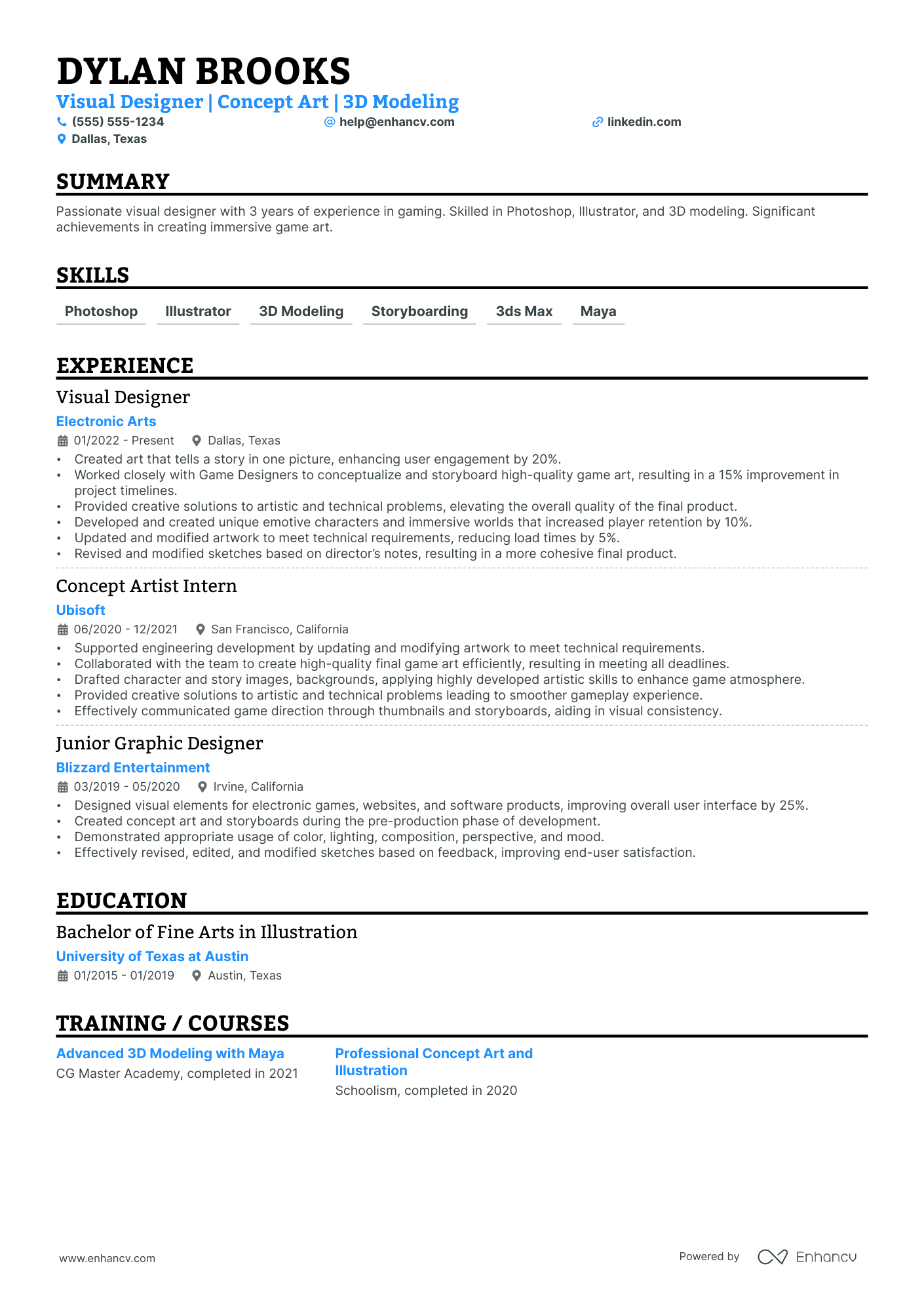 Game Artist resume example