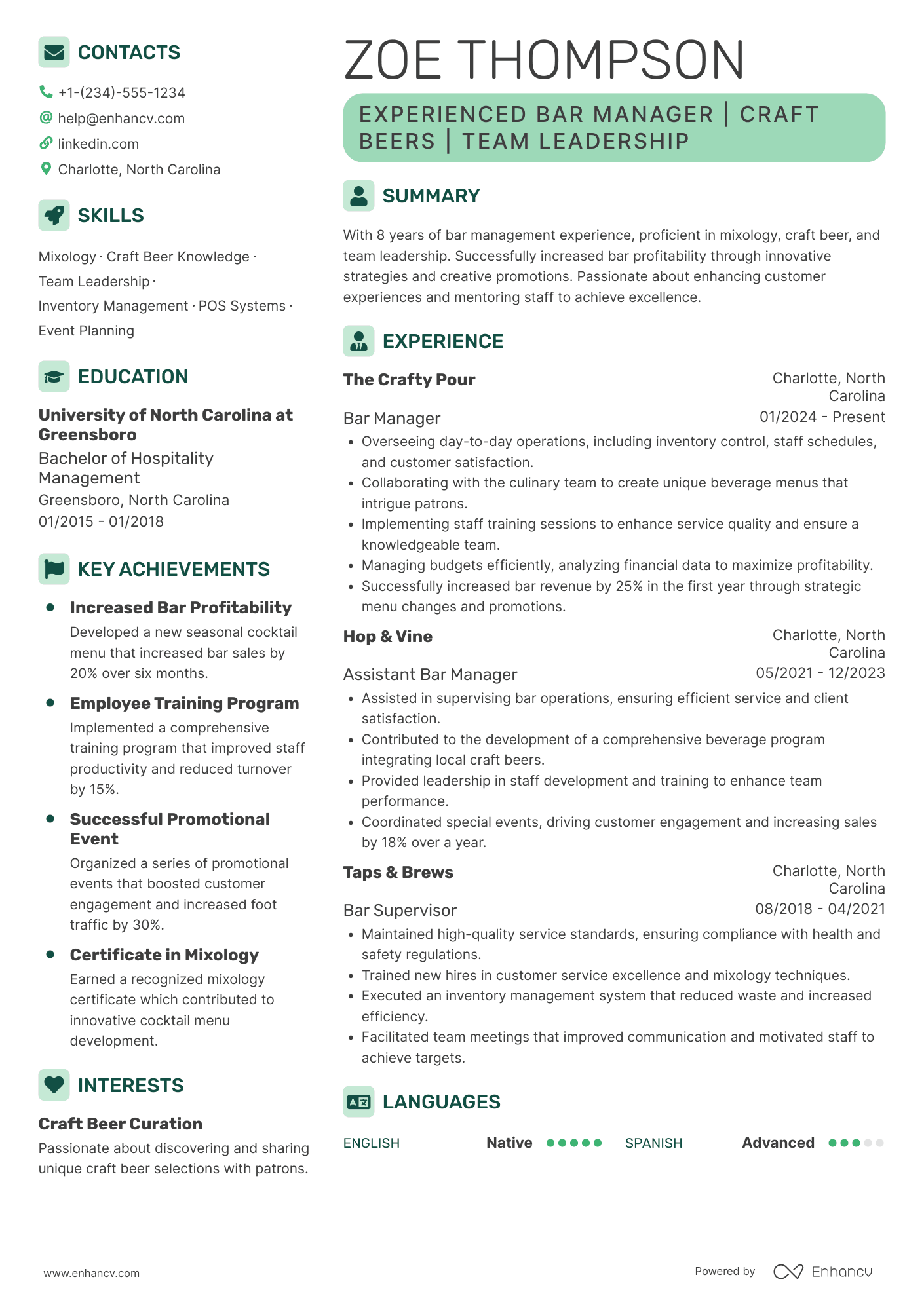 Bar Manager resume example