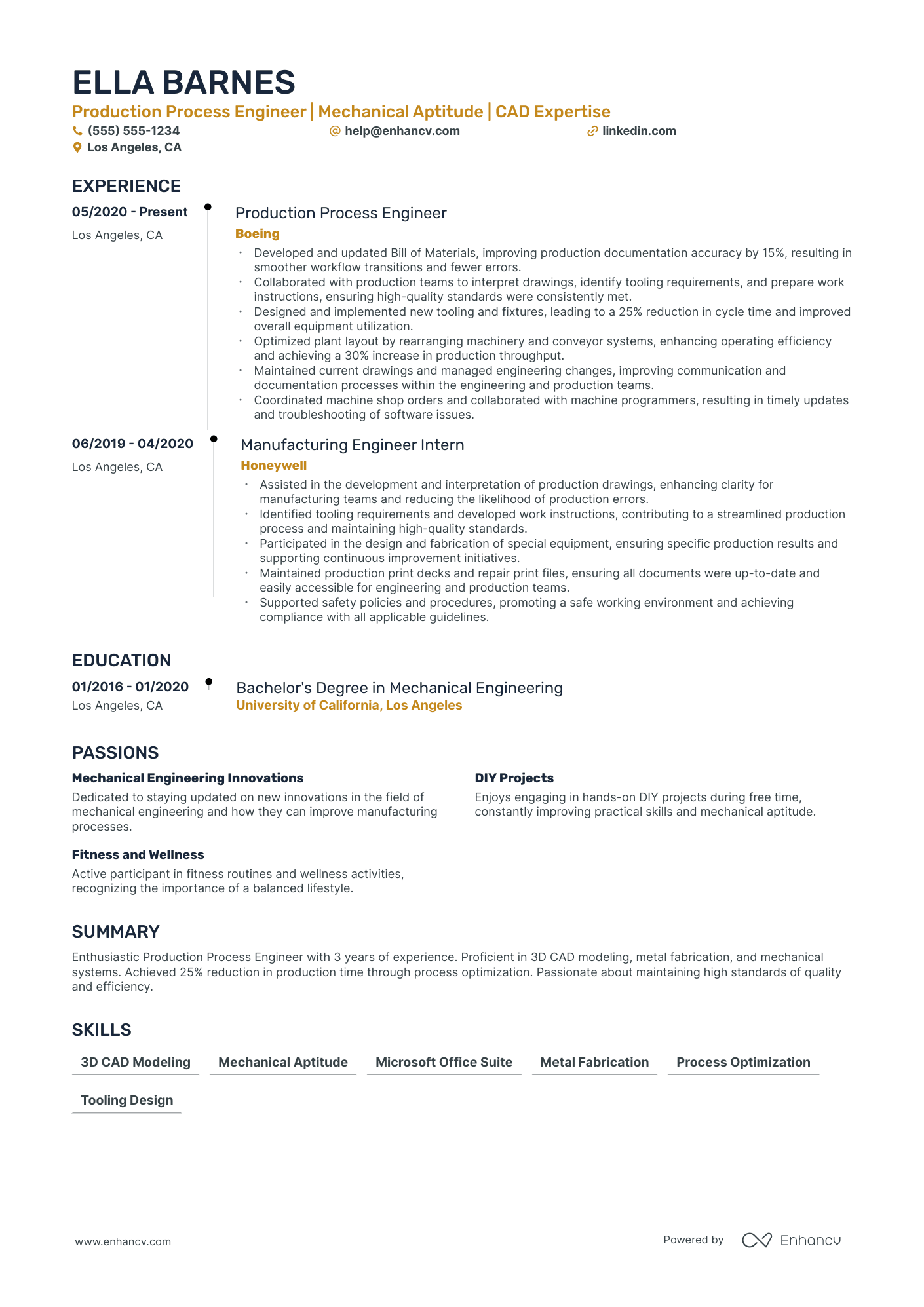 Production Process Engineer resume example