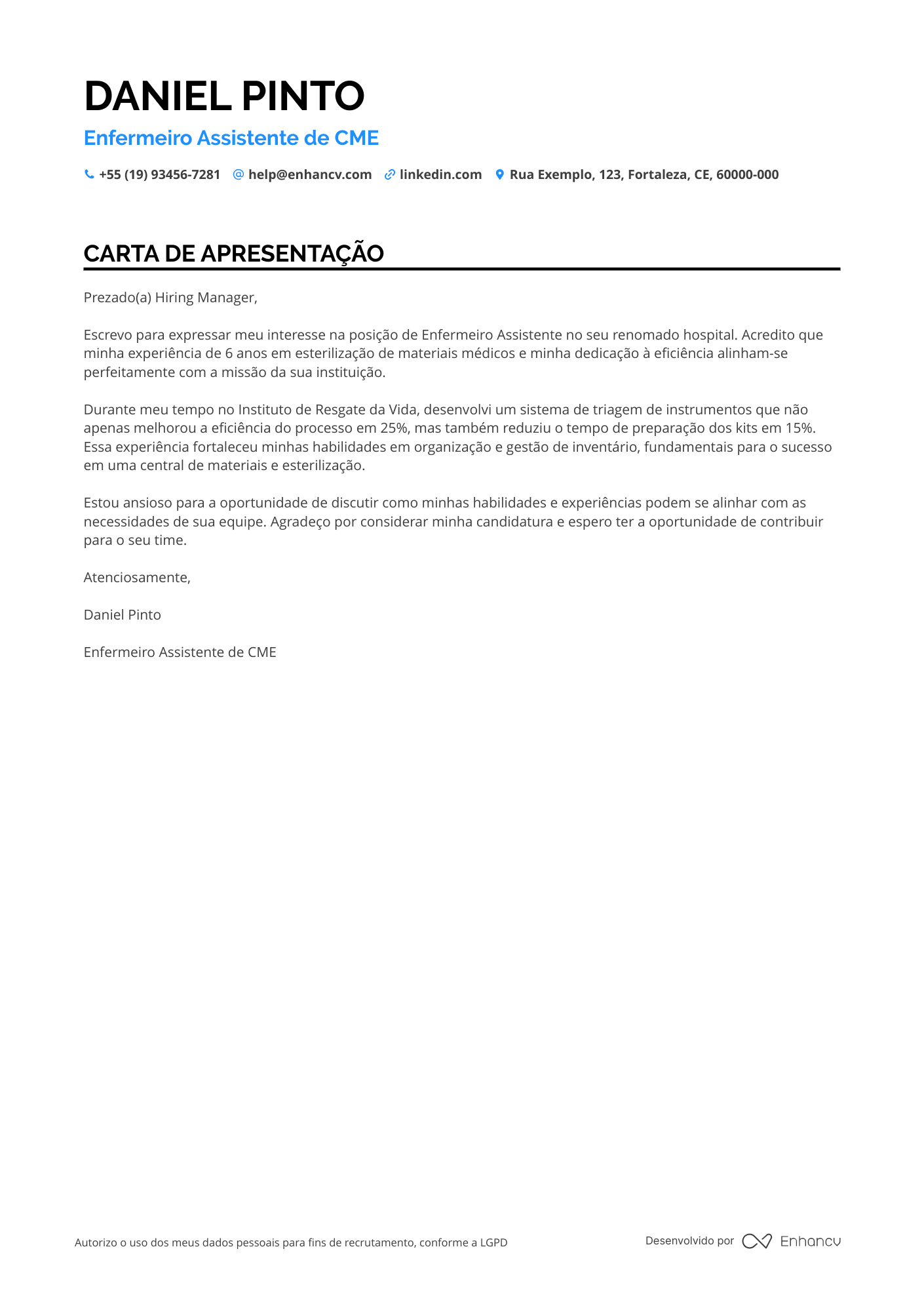 Auxiliar de enfermagem Carta de apresentação