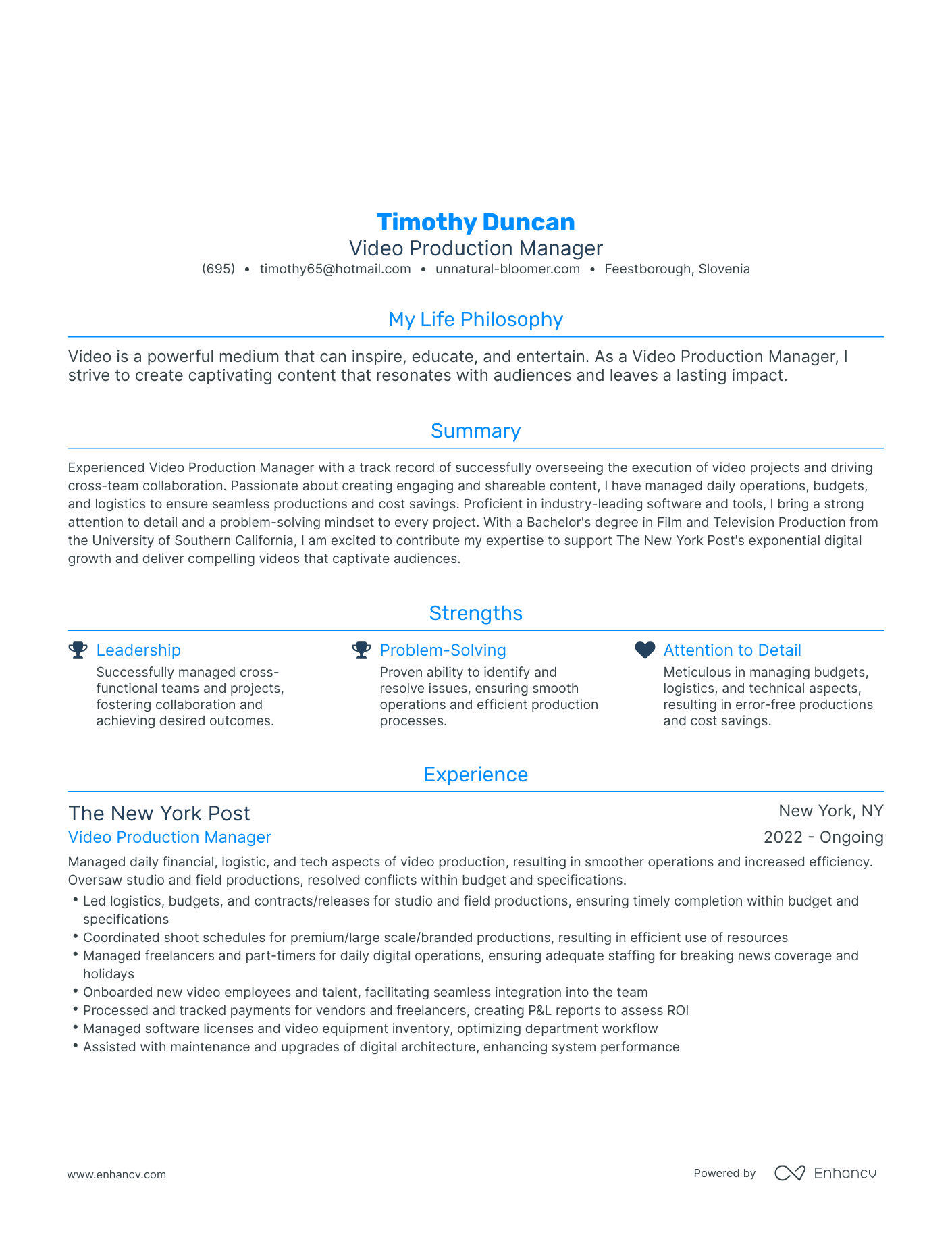 Modern Video Production Manager Resume Example