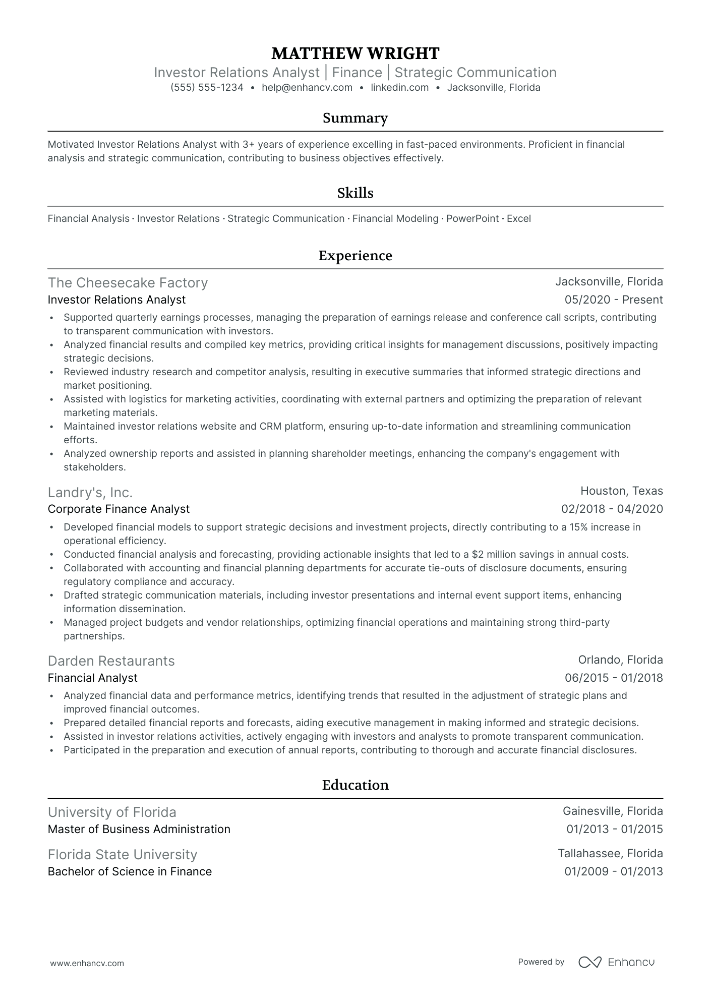 Junior Investor Relations Analyst resume example