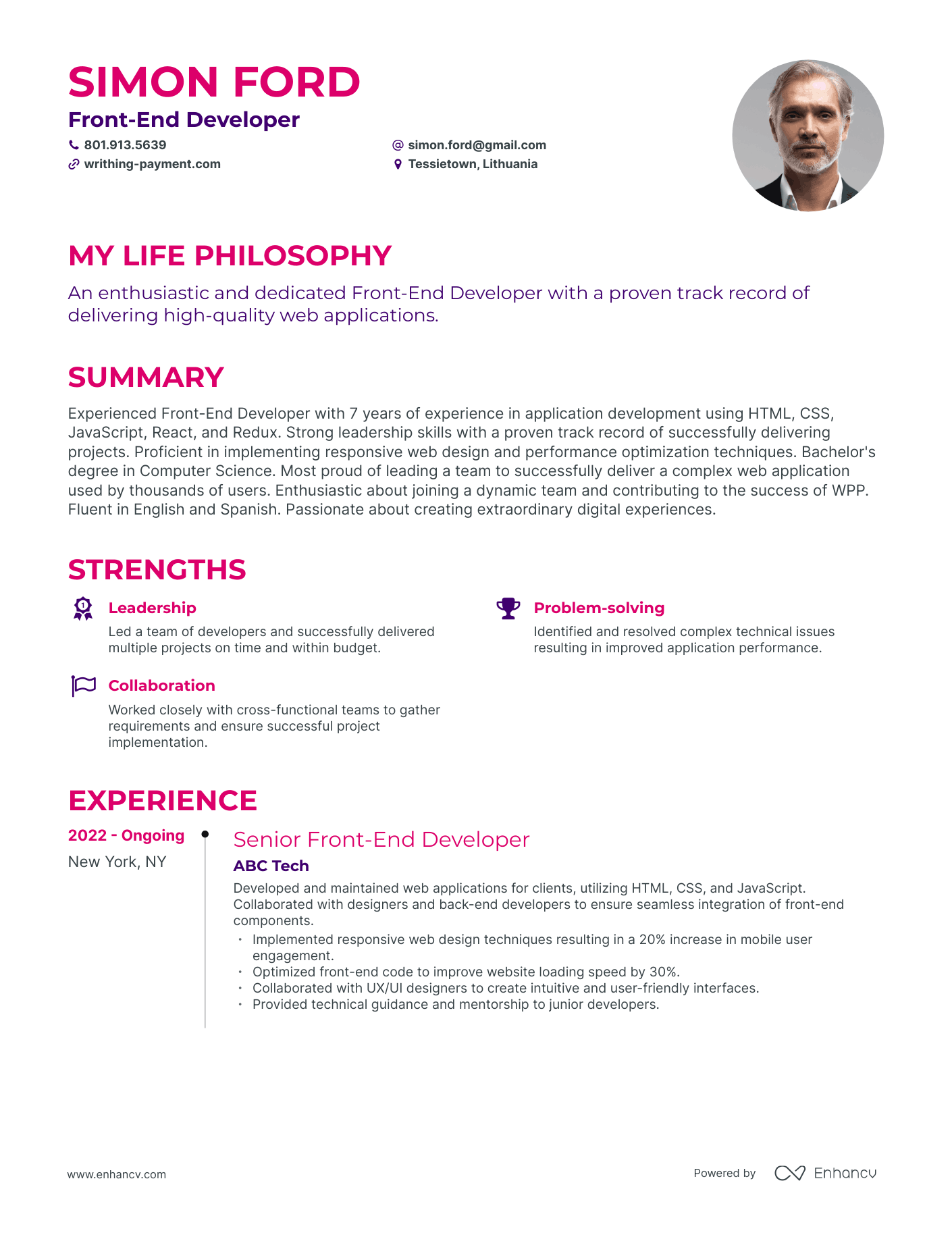 Creative Front-End Developer Resume Example