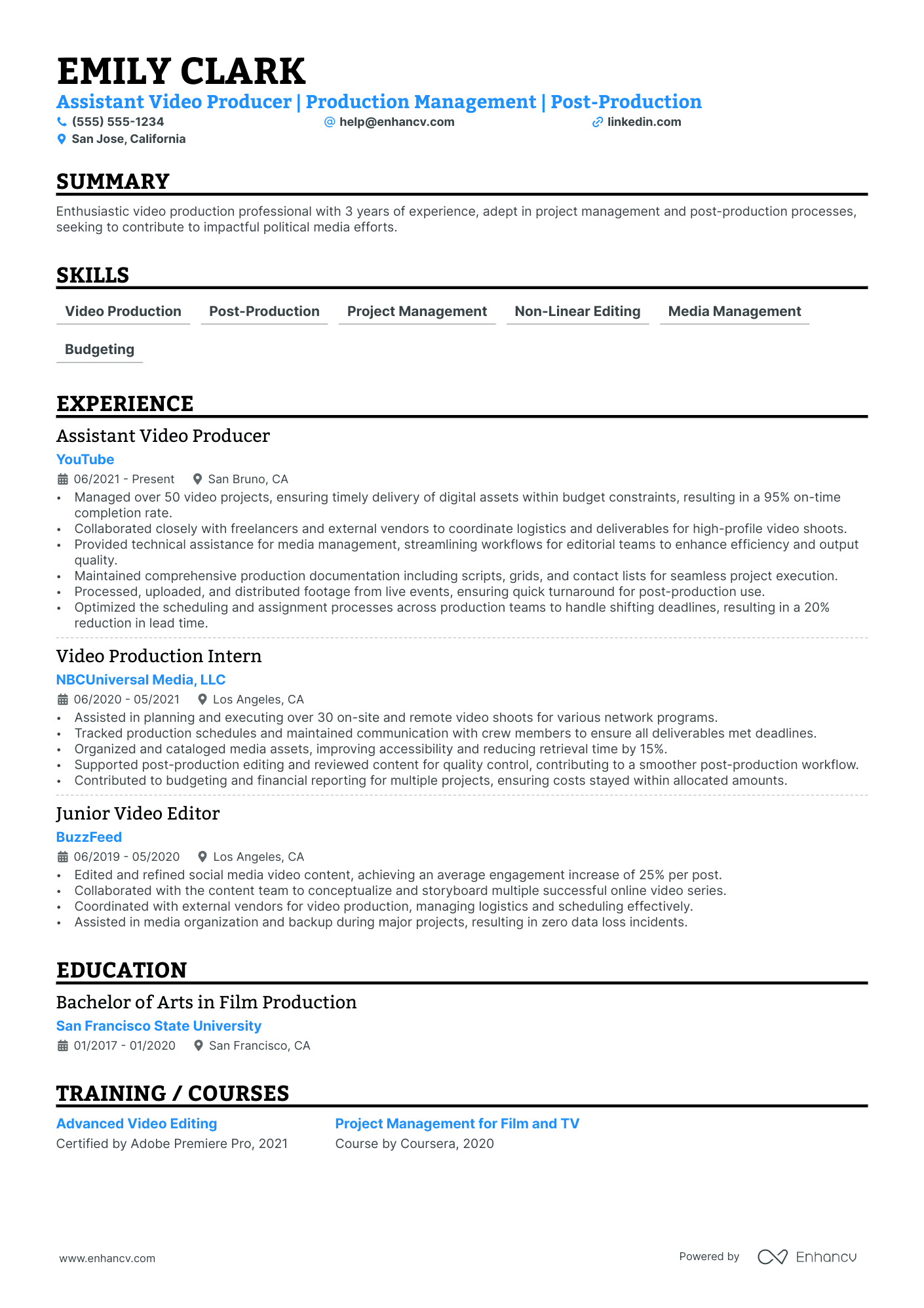 Film Production Manager resume example