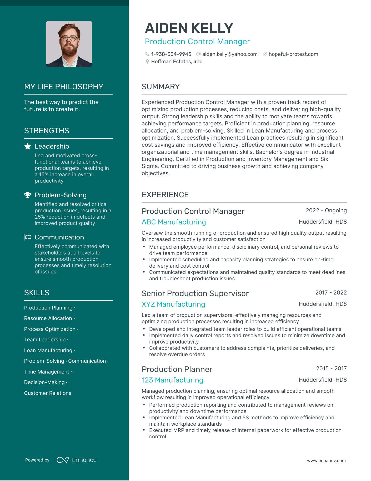 Production Control Manager resume example