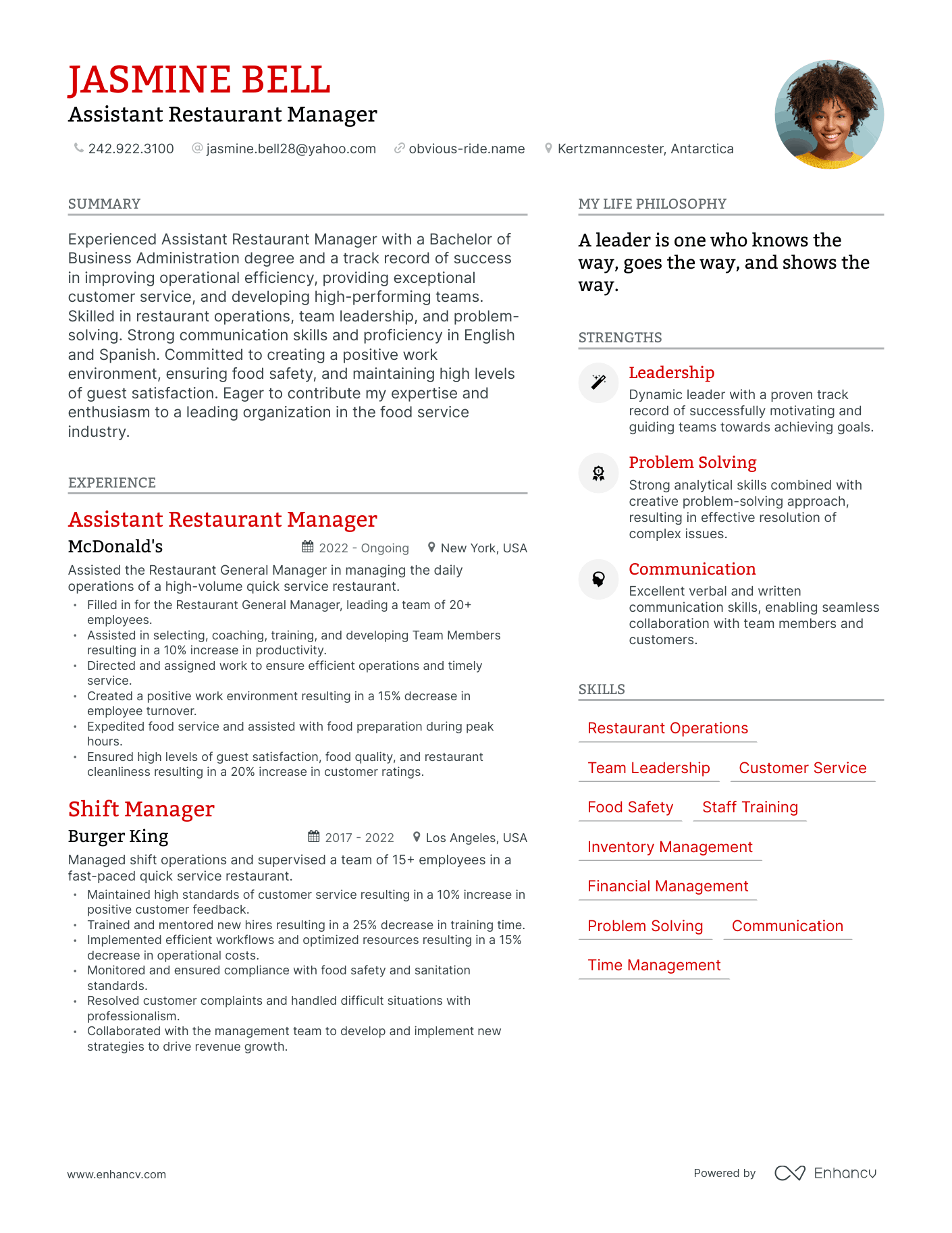 Modern Assistant Restaurant Manager Resume Example