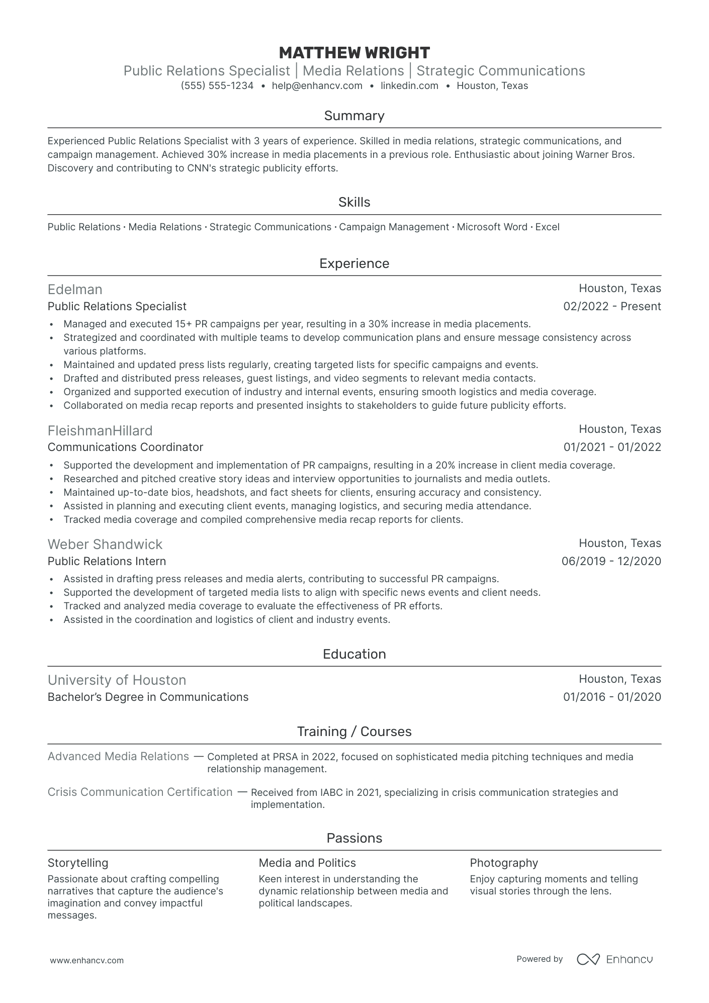 Publicist resume example