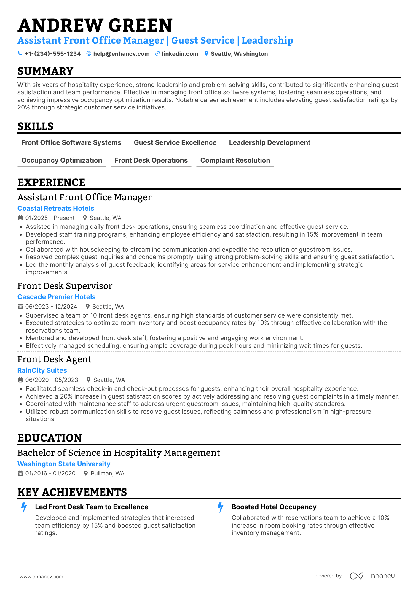 Assistant Front Office Manager resume example