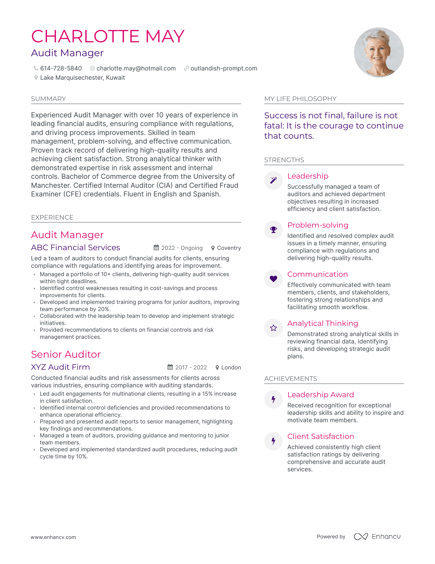 Modern Audit Manager Resume Example