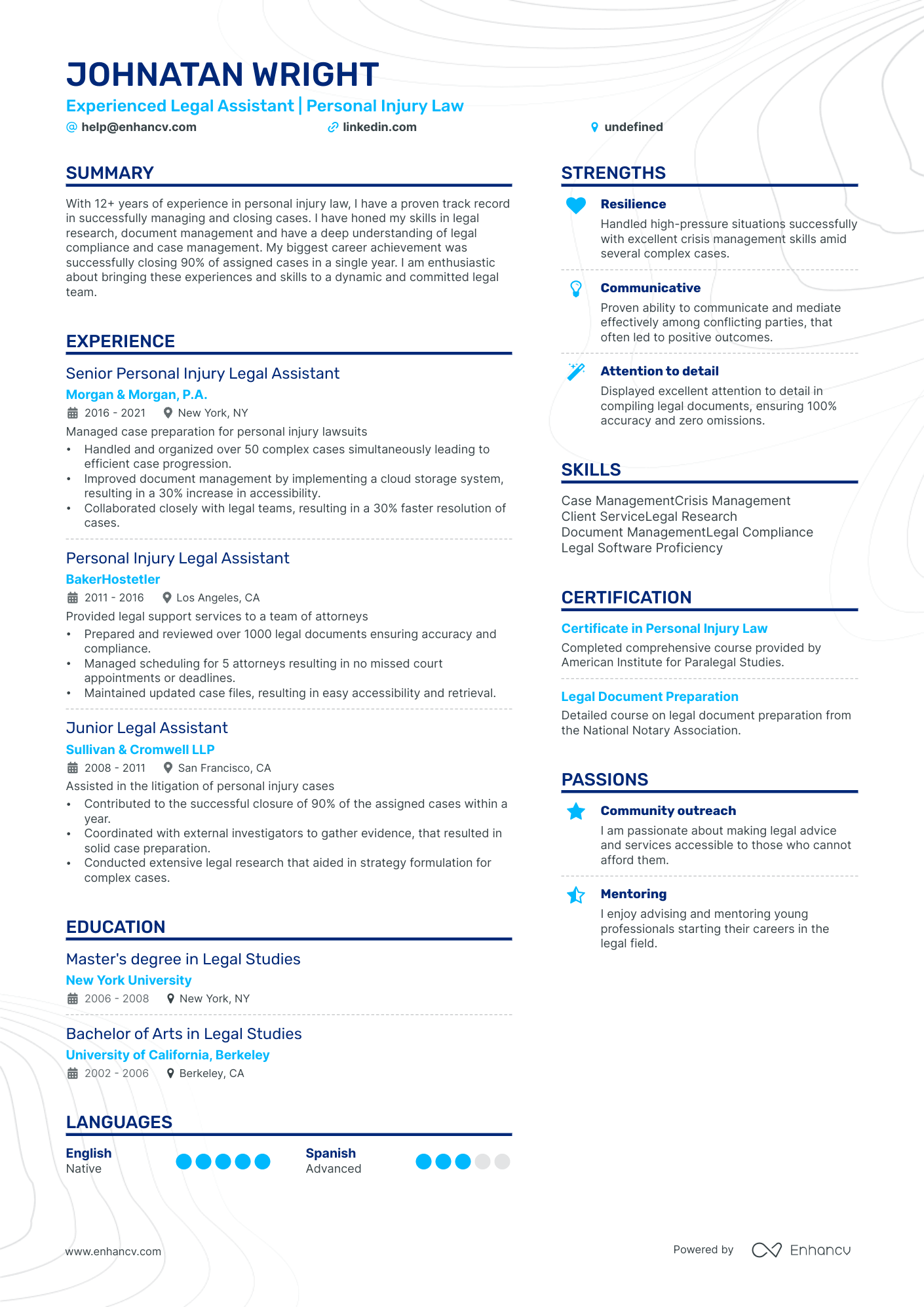 Personal Injury Legal Assistant resume example