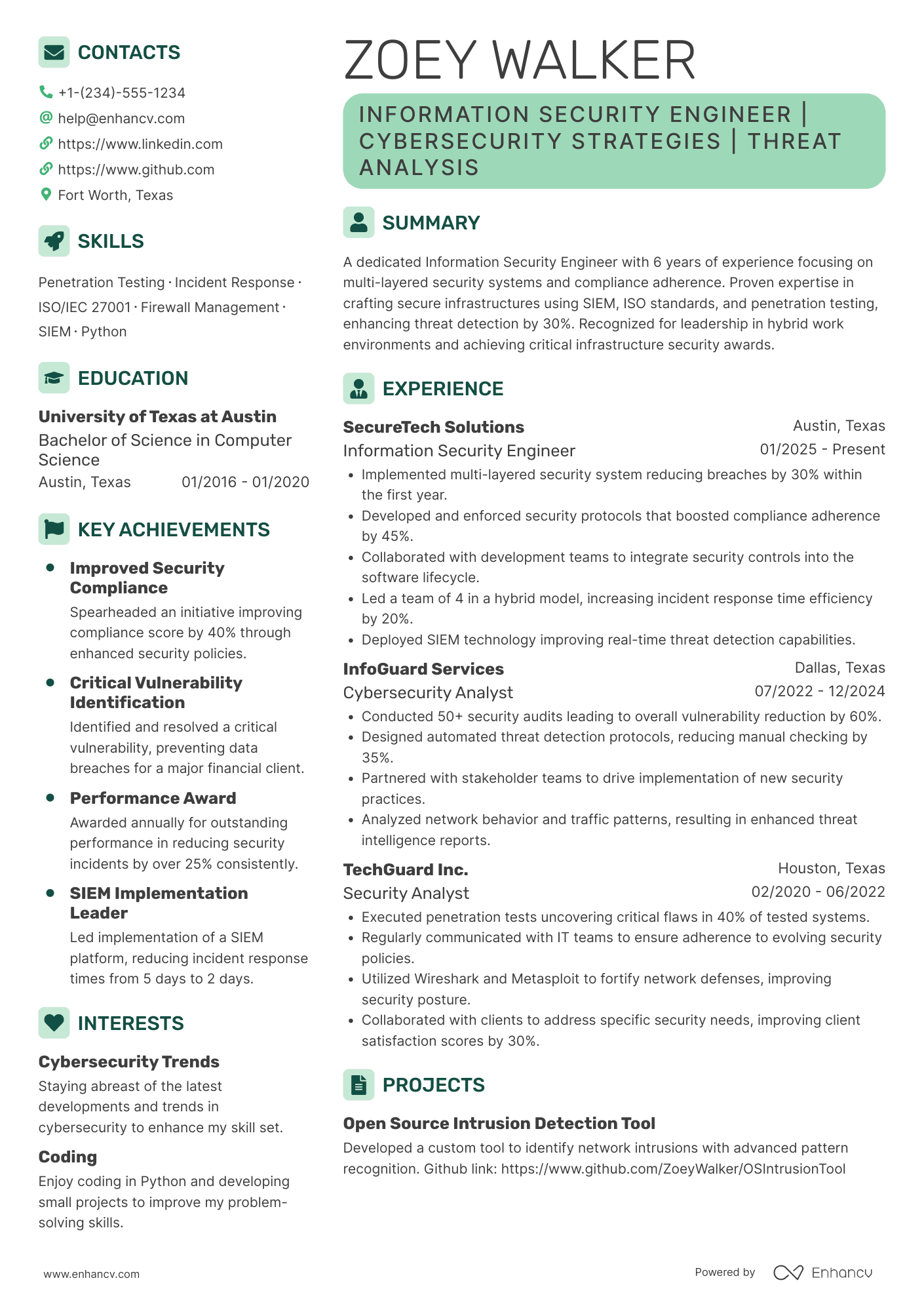 Information Security Engineer resume example