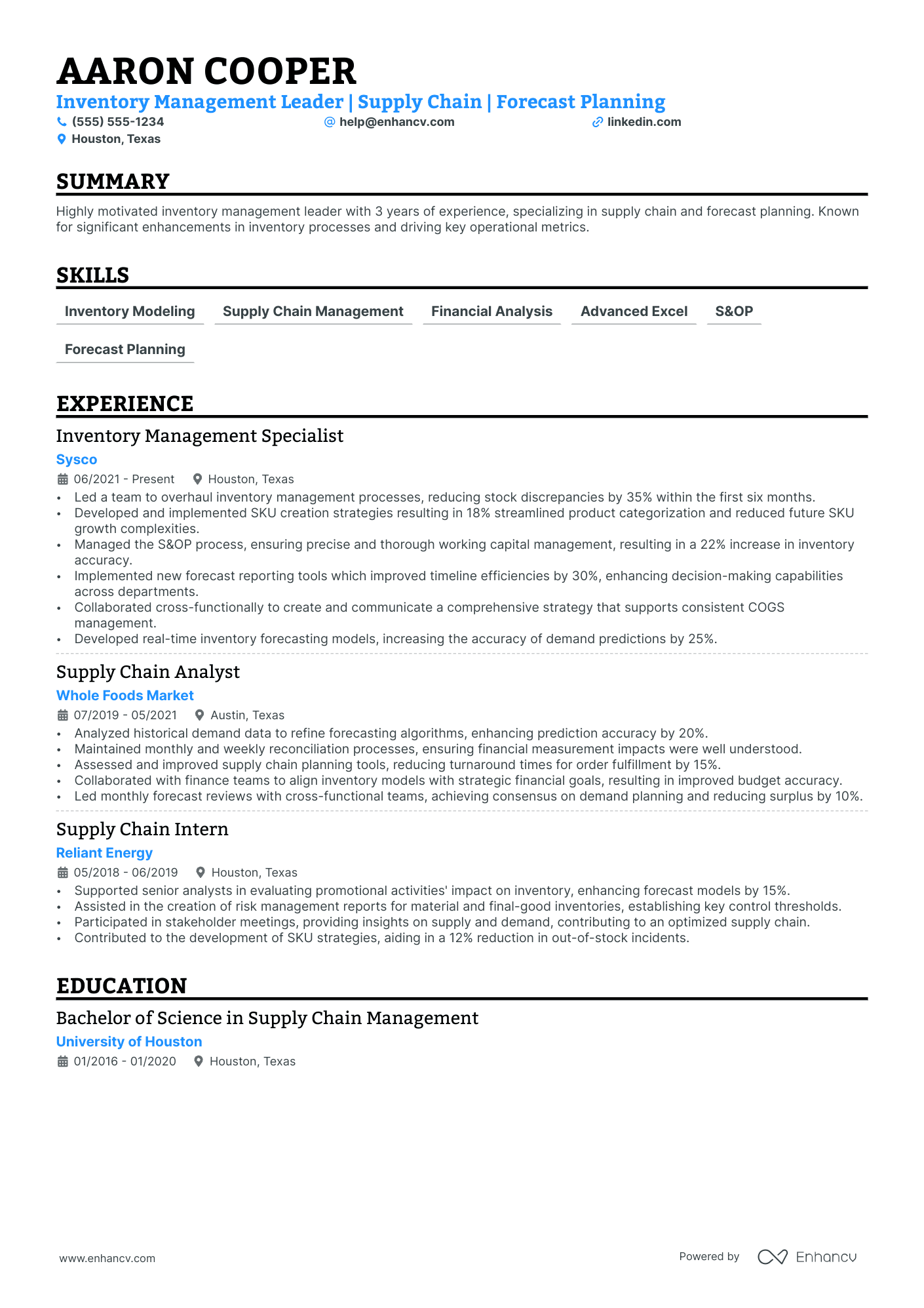 Inventory Planning Manager resume example