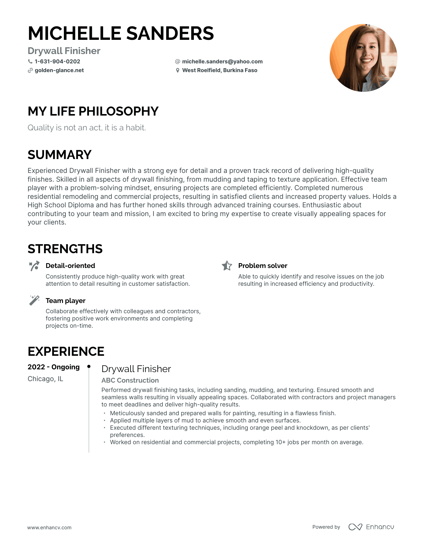 Creative Drywall Finisher Resume Example