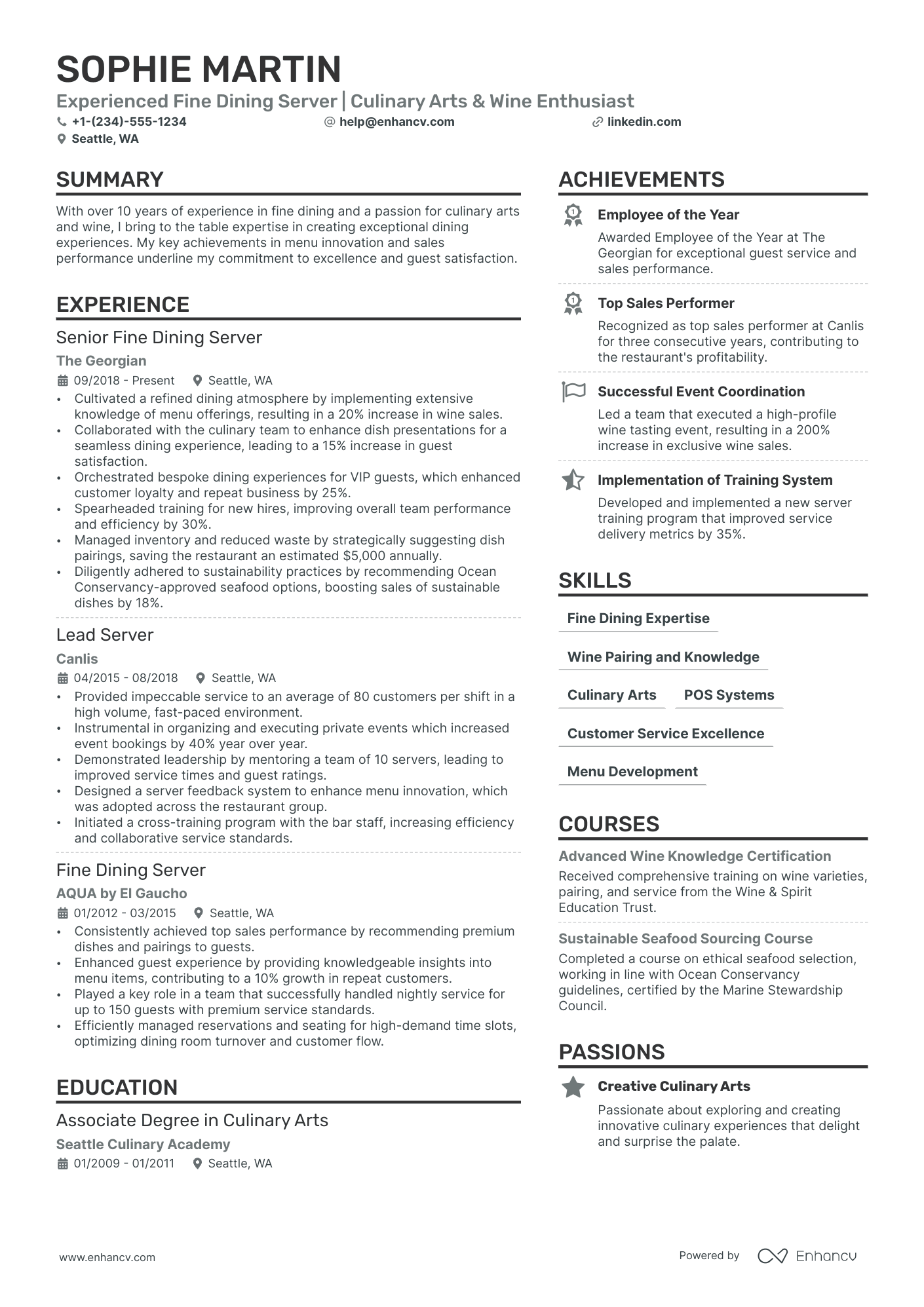 Fine Dining Server resume example