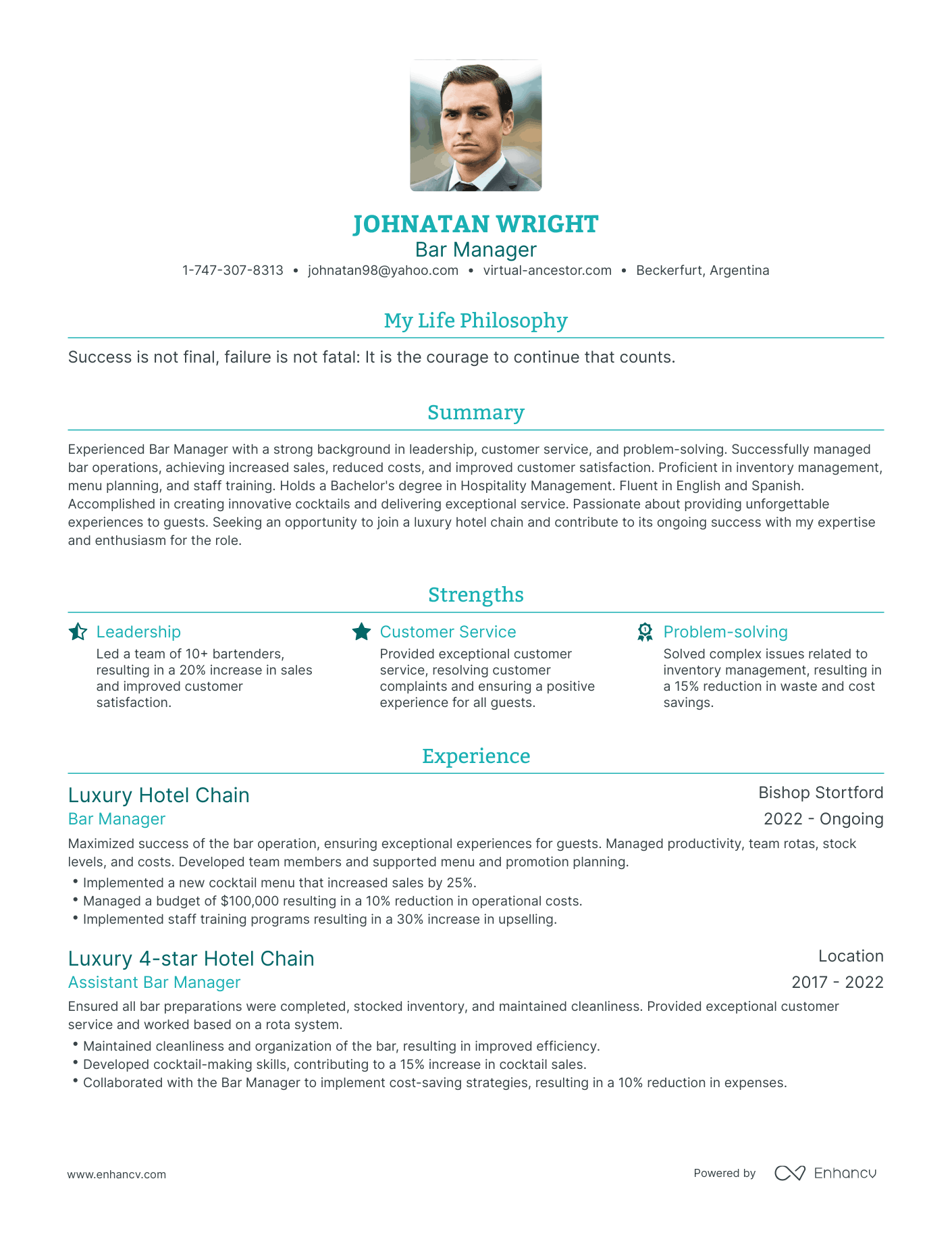 Modern Bar Manager Resume Example