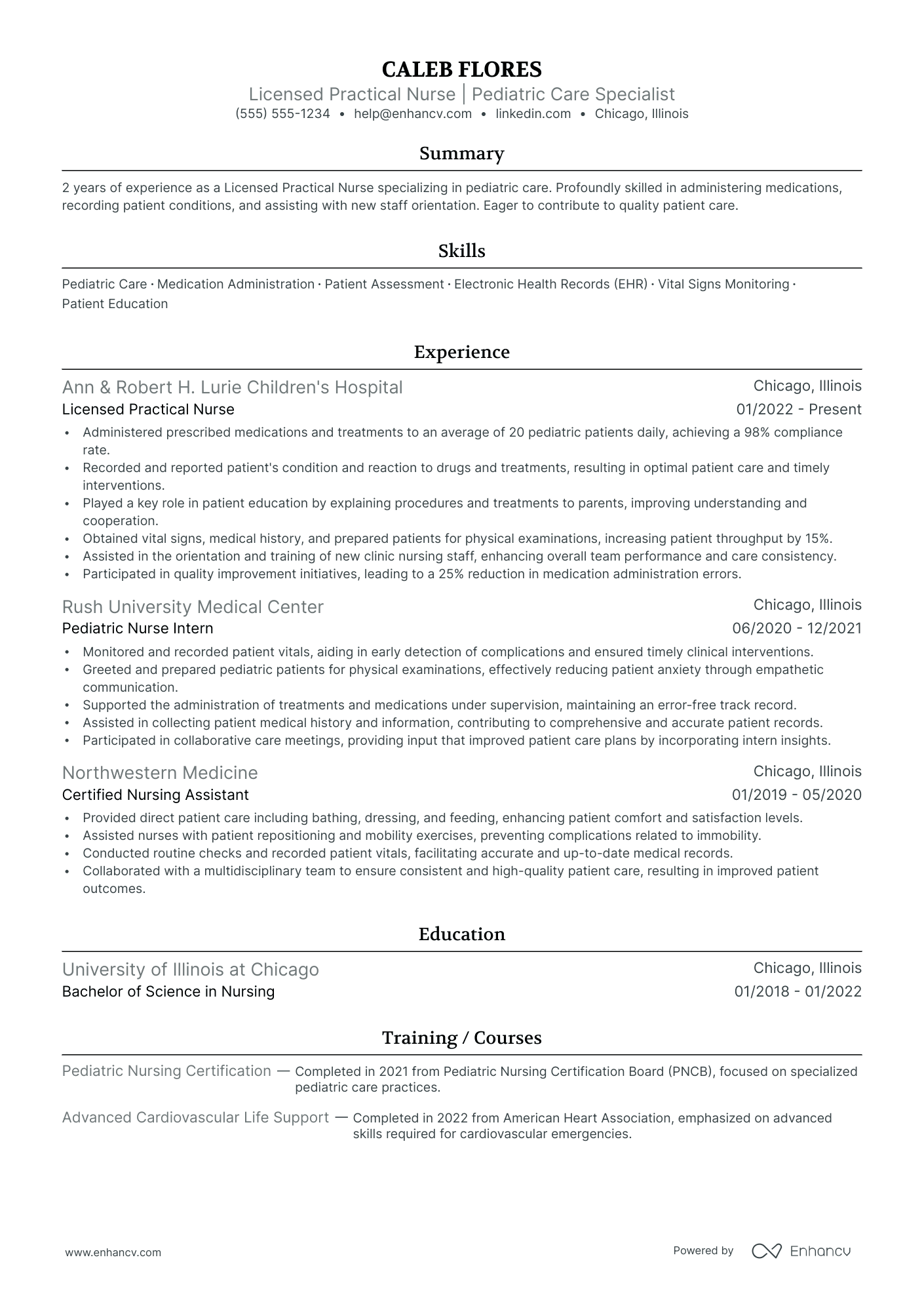 Pediatric Licensed Practical Nurse resume example