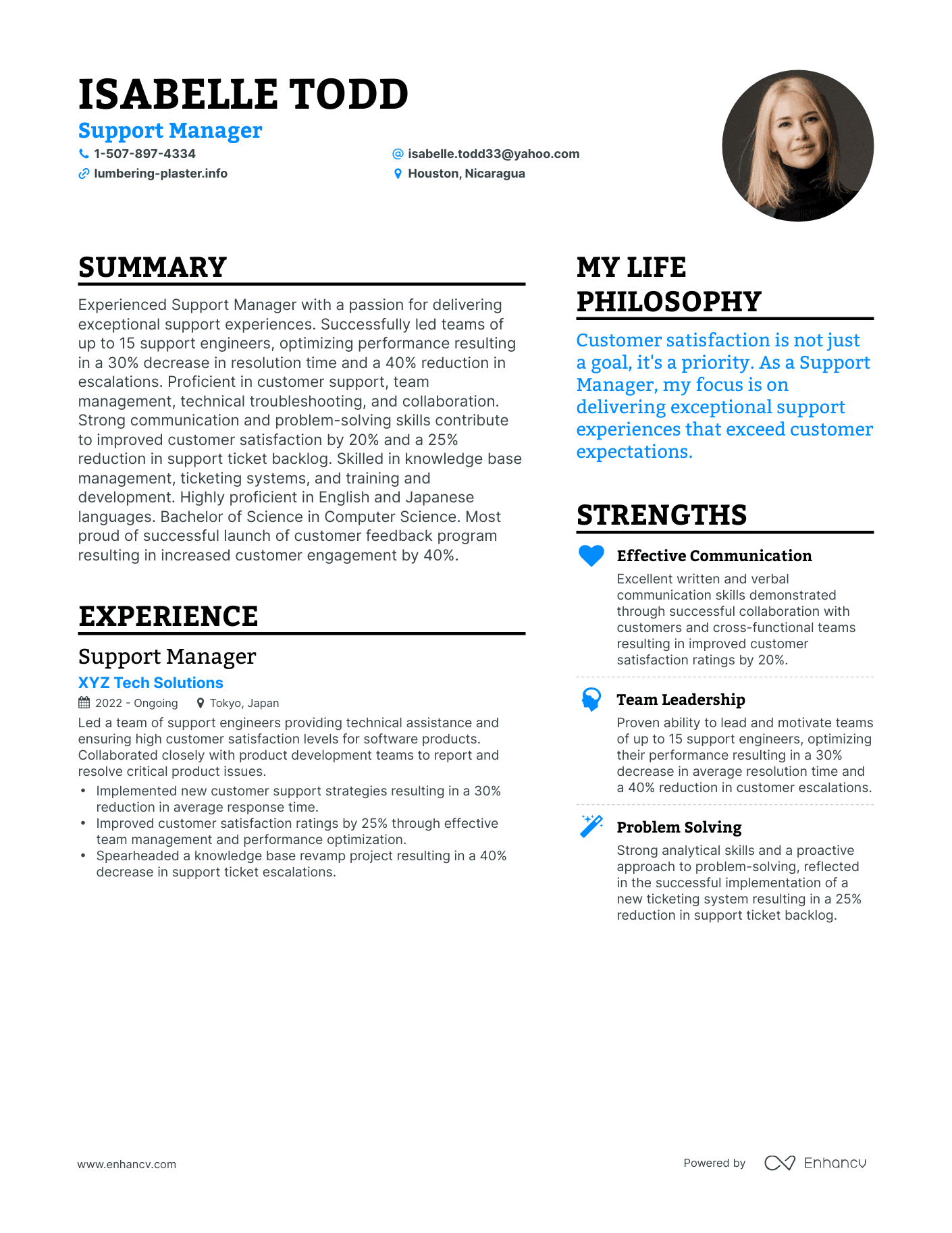 Support Manager resume example