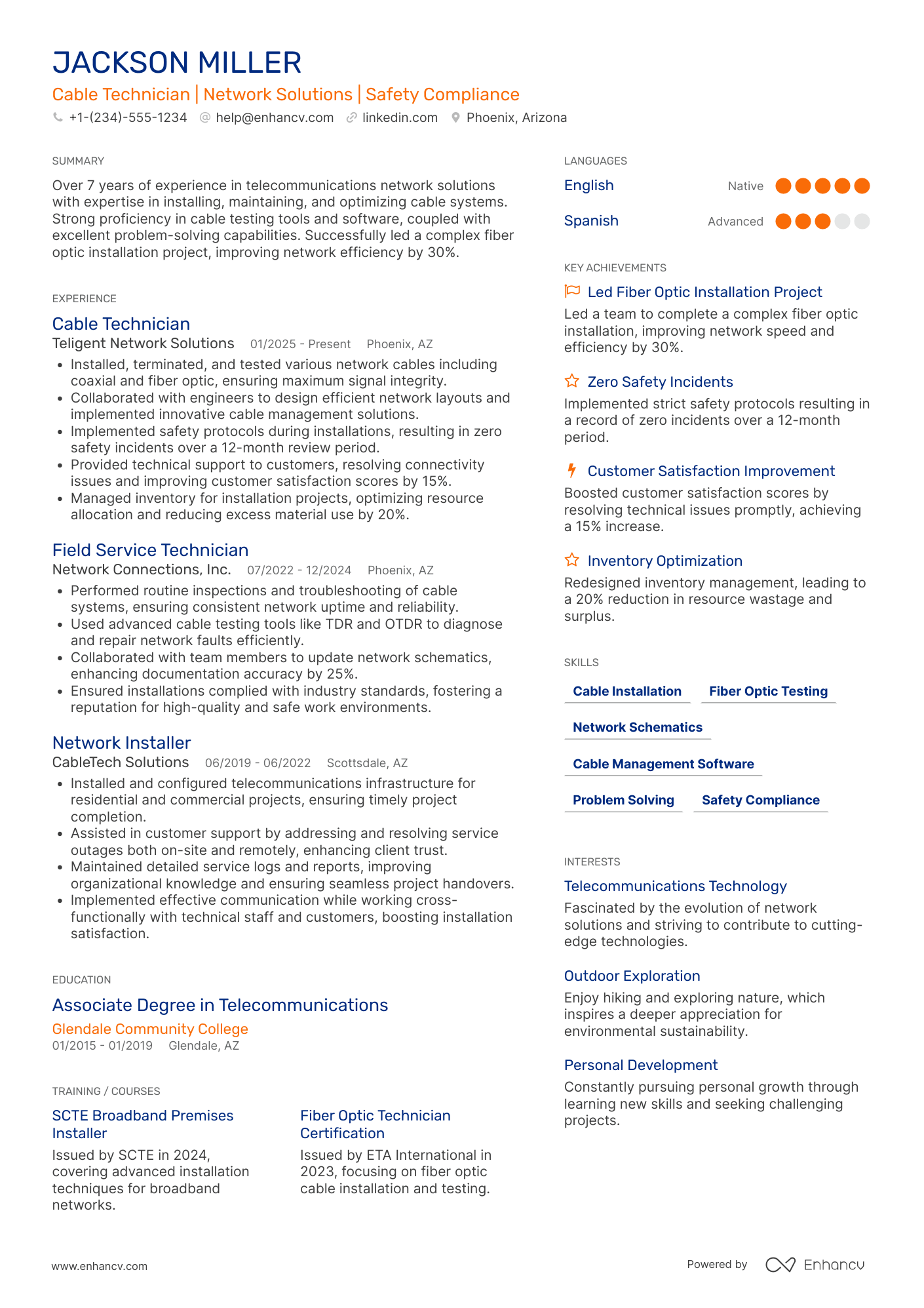 Cable Technician resume example