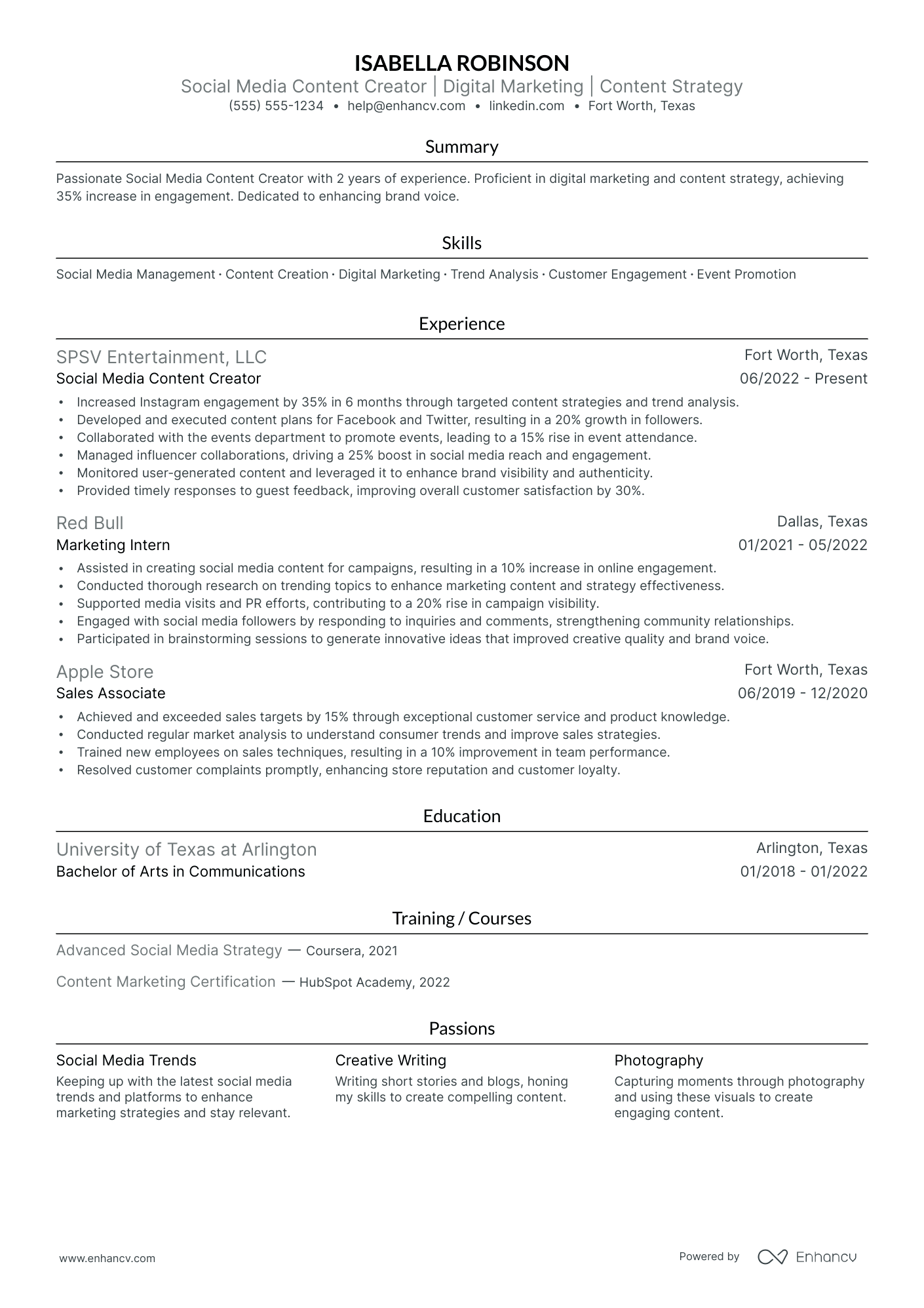 Social Media Content Writer resume example