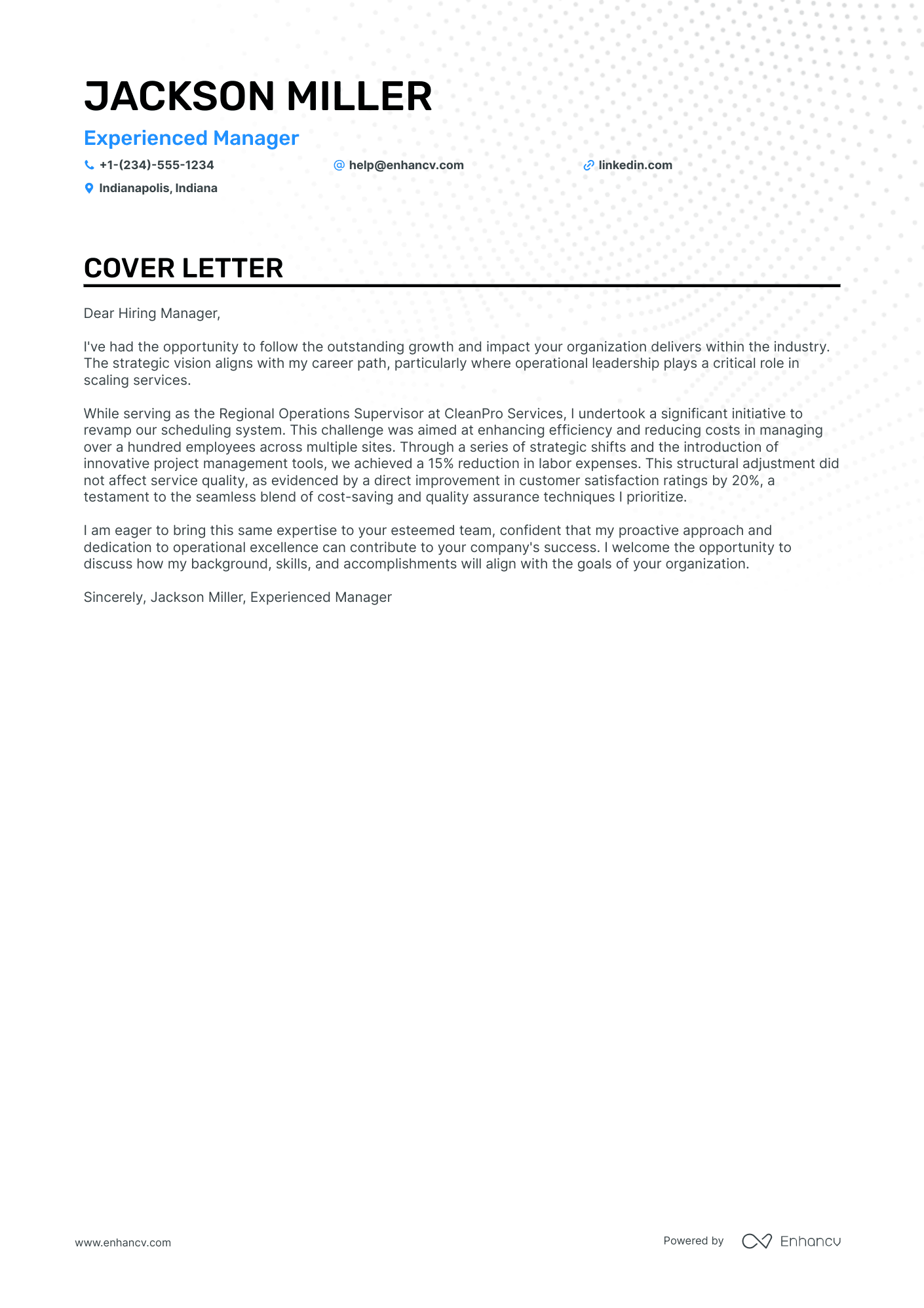 Cleaning Manager cover letter