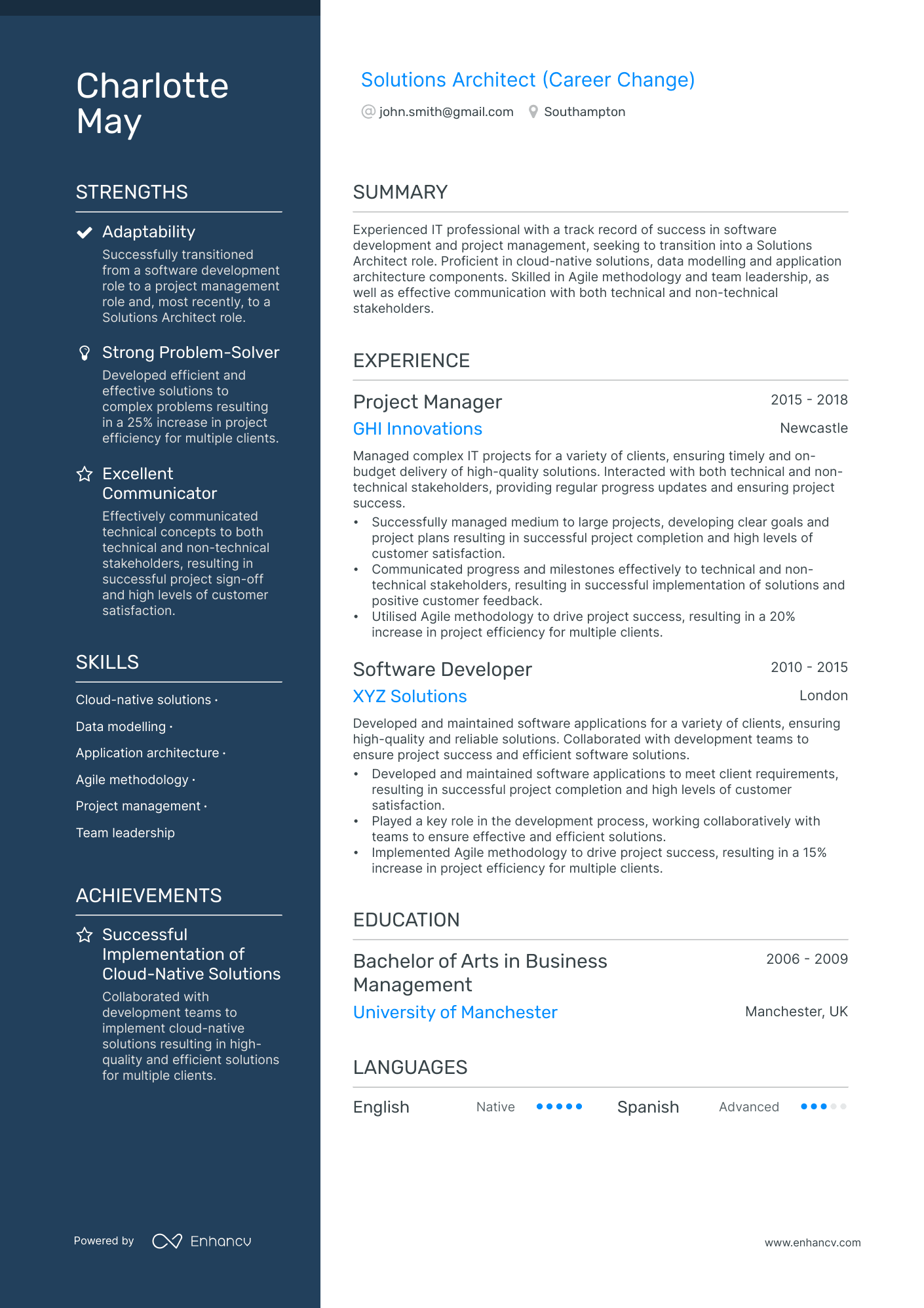 Solutions Architect (Career Change) CV example
