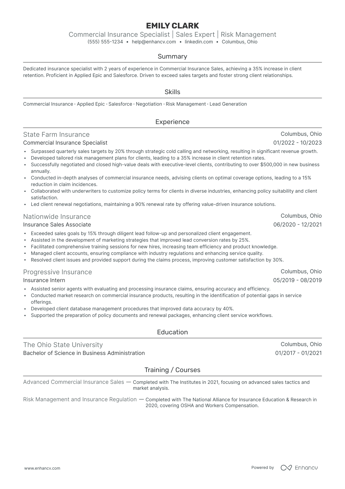 Commercial Insurance Agent resume example