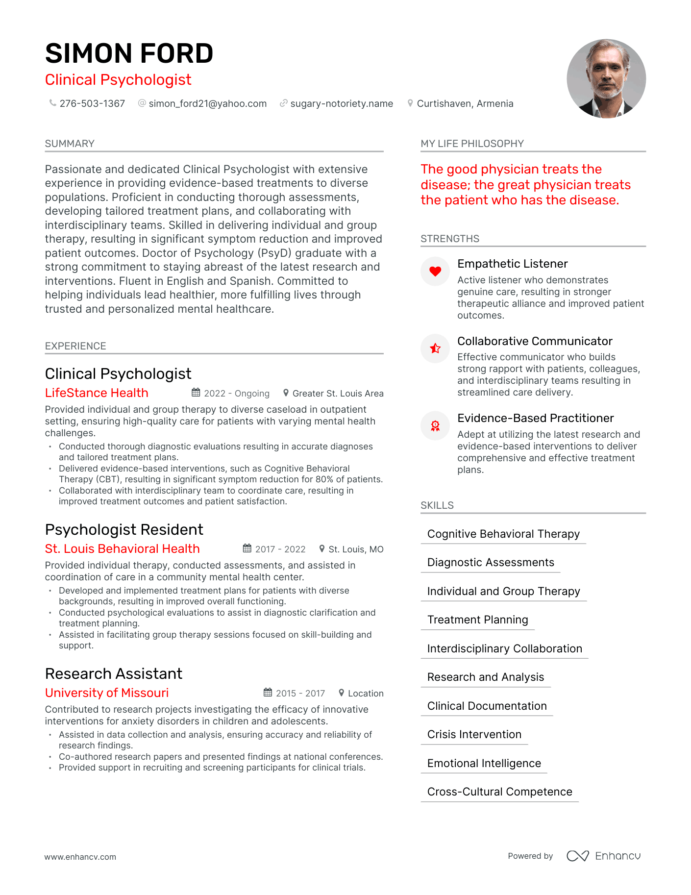 Clinical Psychologist resume example