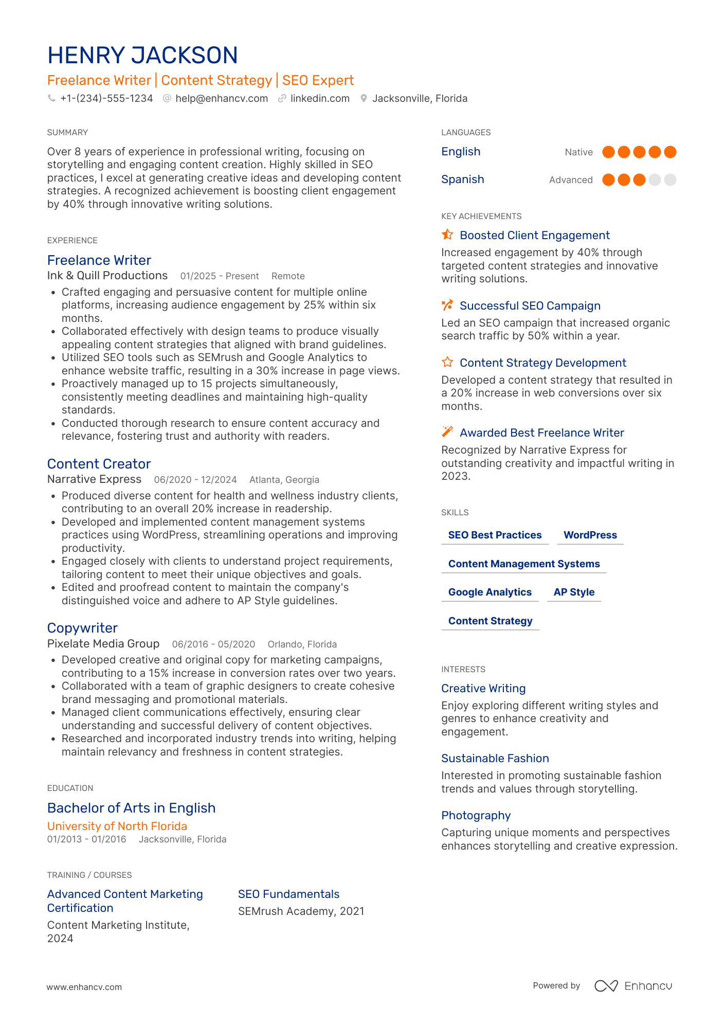 Freelance Writer resume example