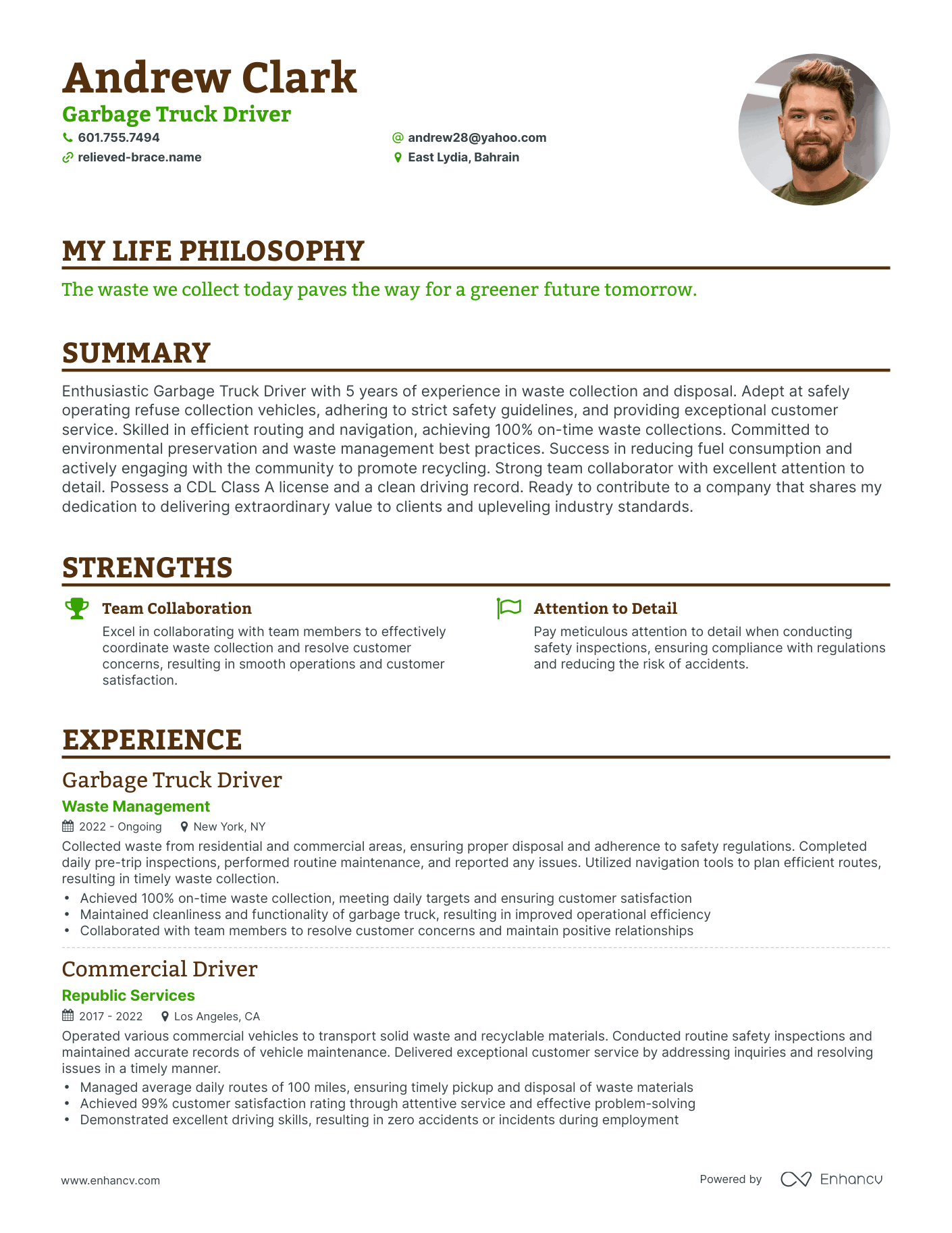 Creative Garbage Truck Driver Resume Example