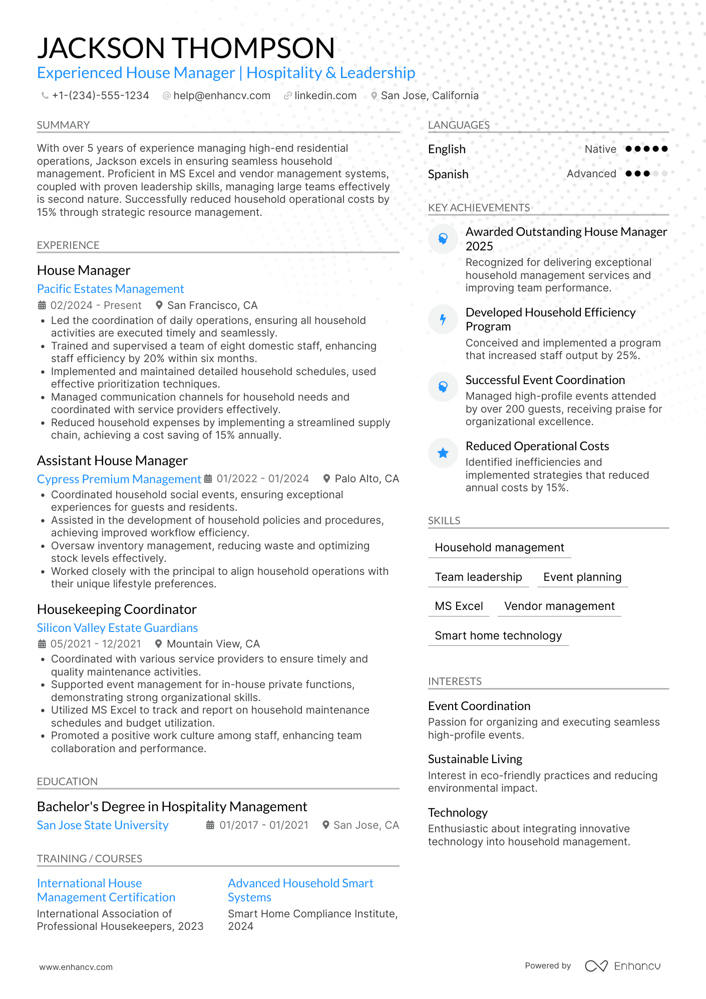 House Manager resume example