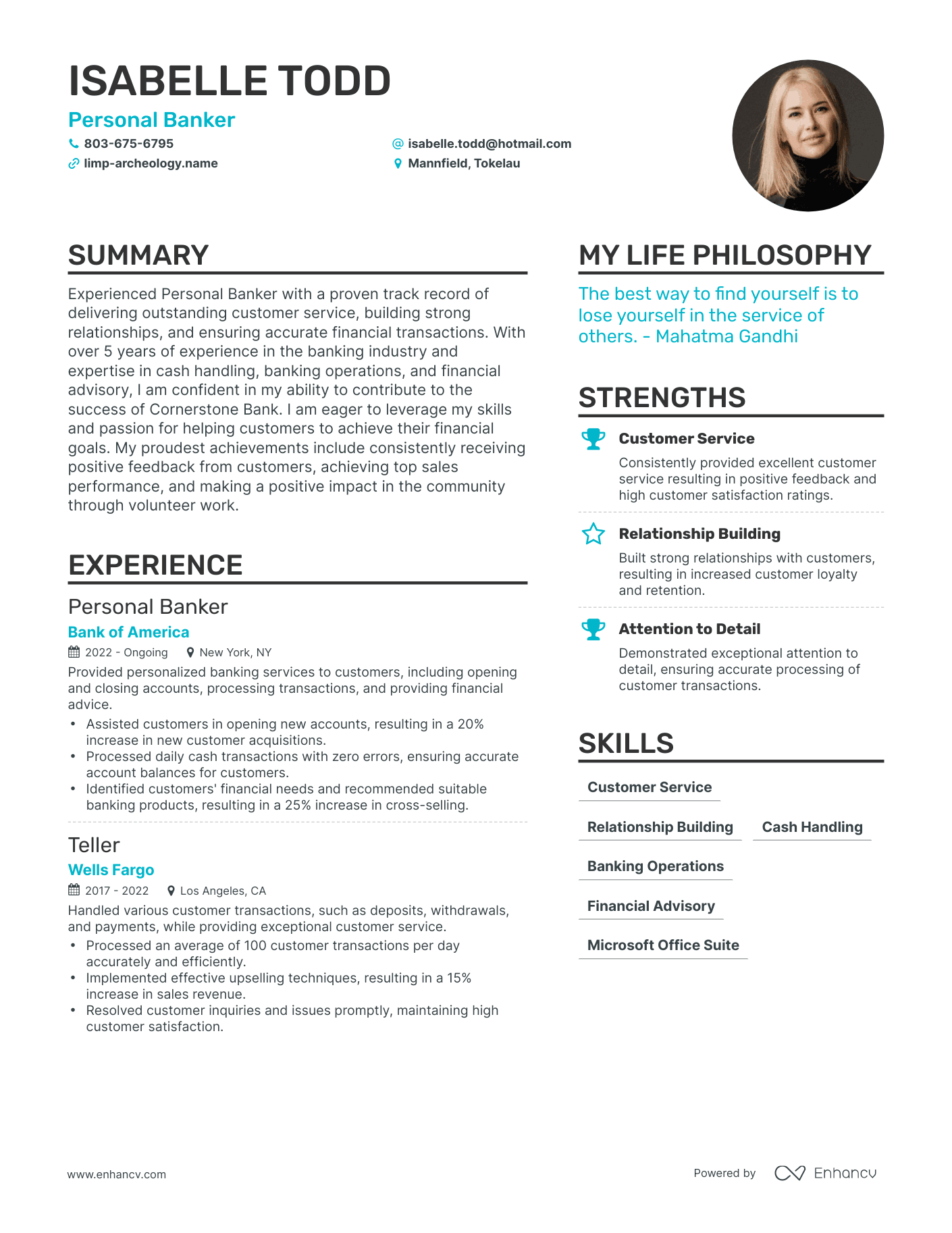 Modern Personal Banker Resume Example