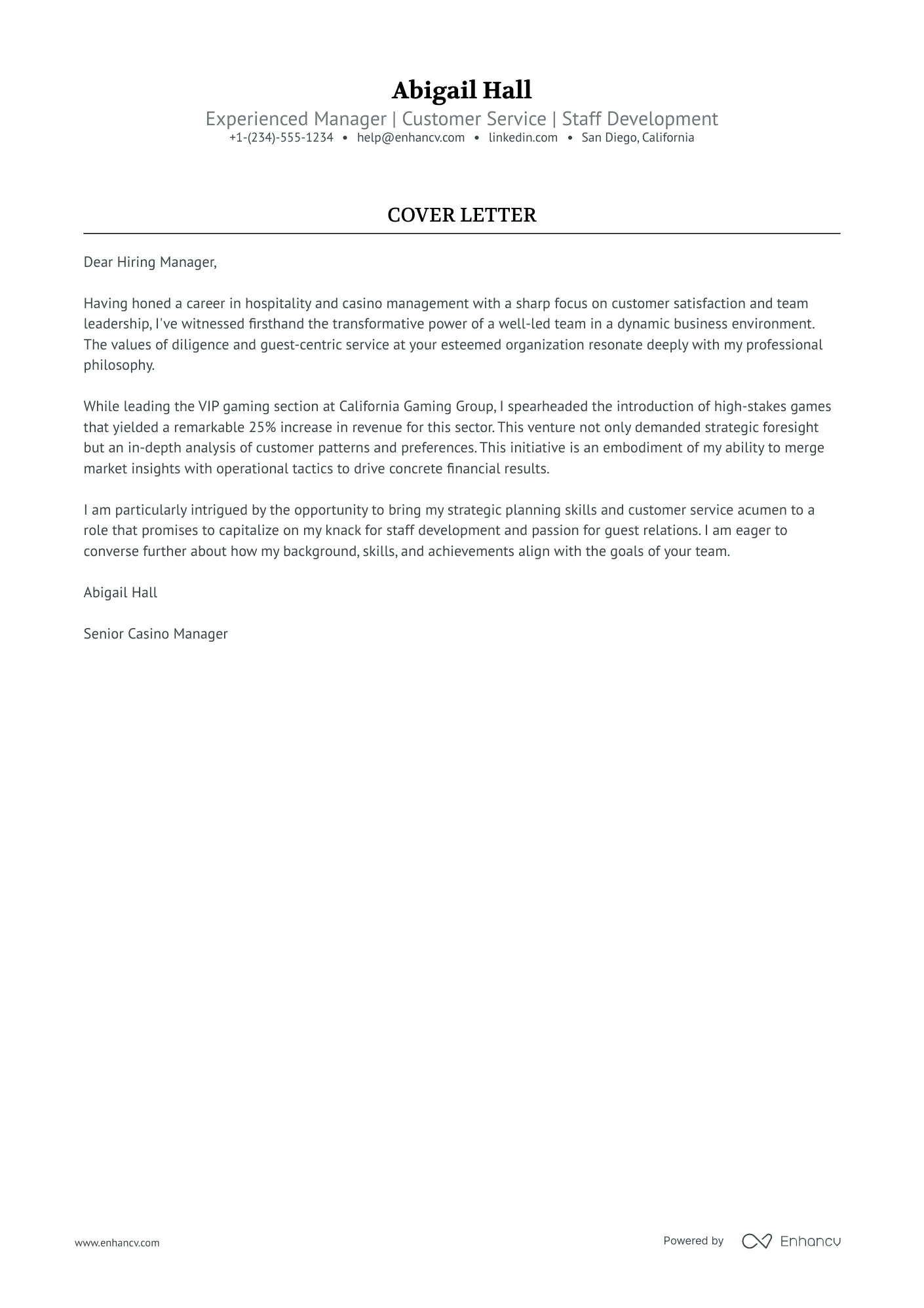 Casino Manager cover letter