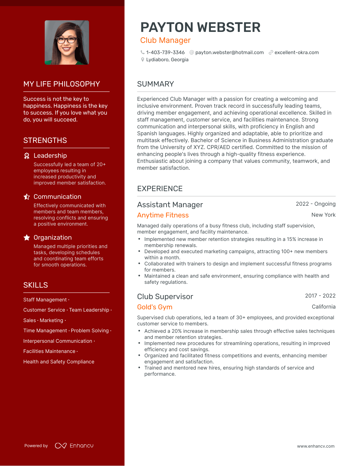 Creative Club Manager Resume Example