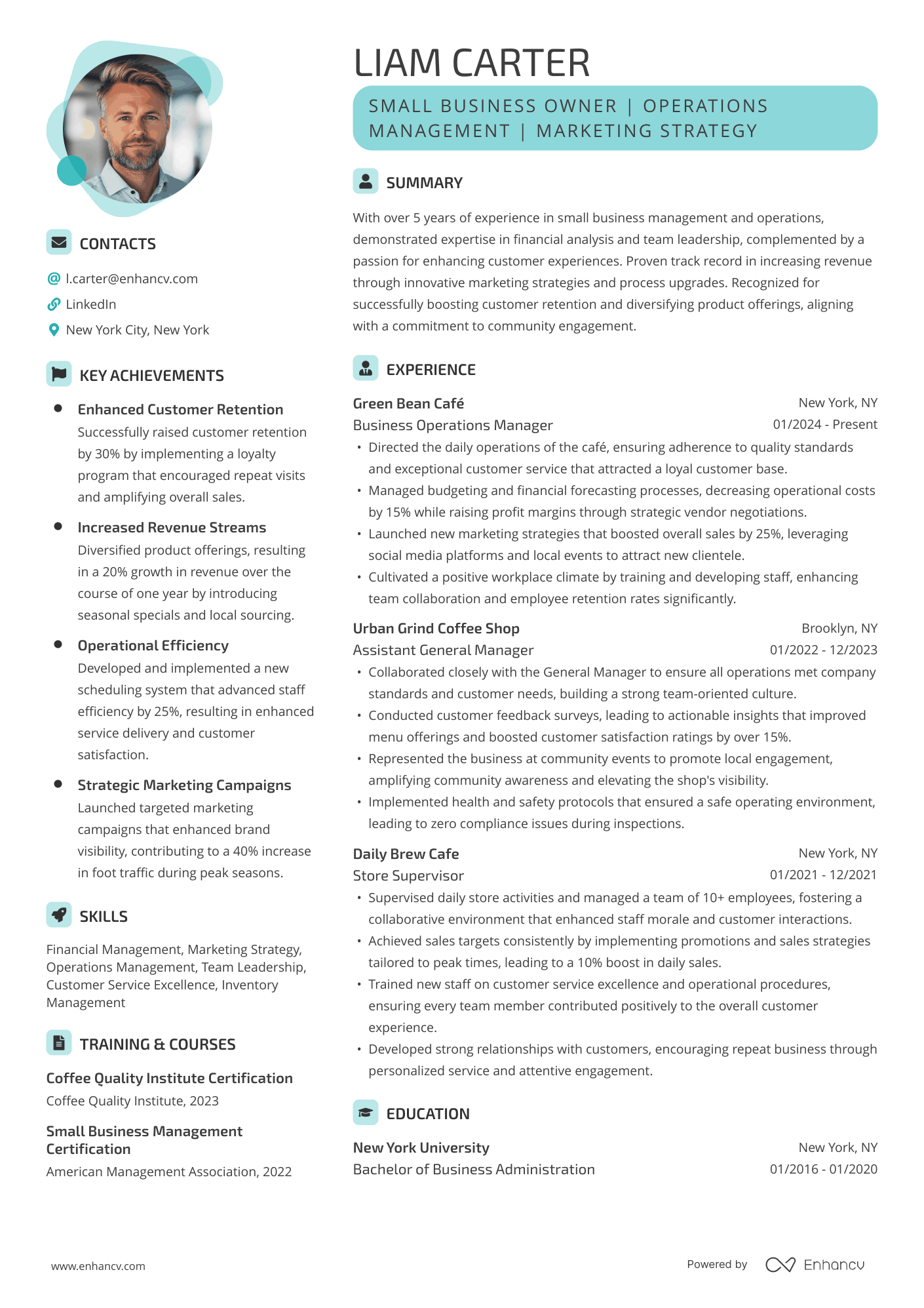 Contemporary ATS resume template featuring a bold, innovative layout with a clean professional flow and a real Business Owner resume example with an aquamarine accent color..