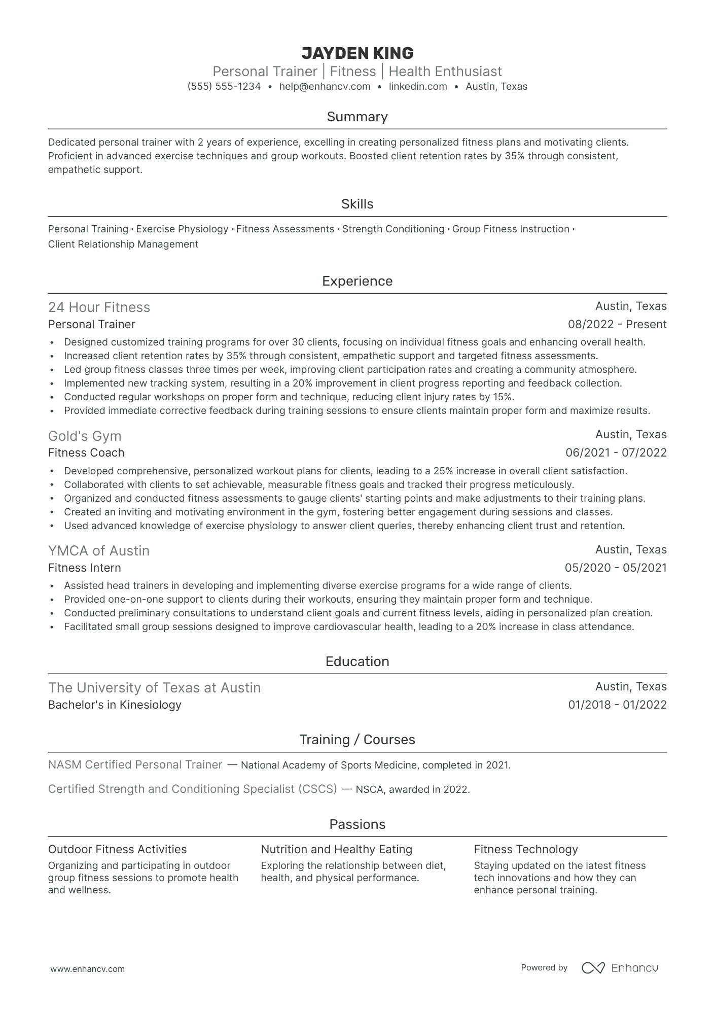 Certified Personal Trainer resume example