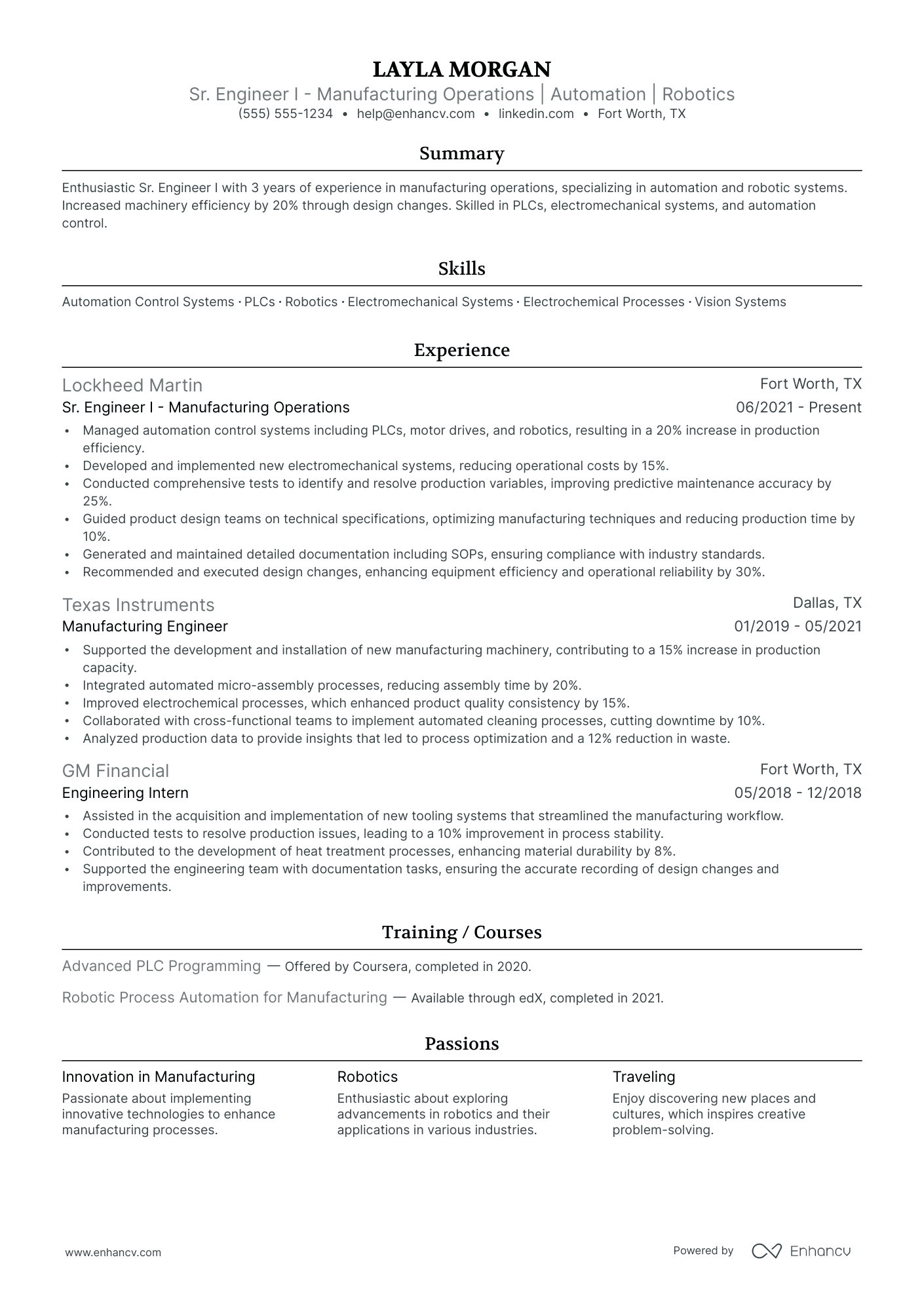 Manufacturing Operations Engineer resume example