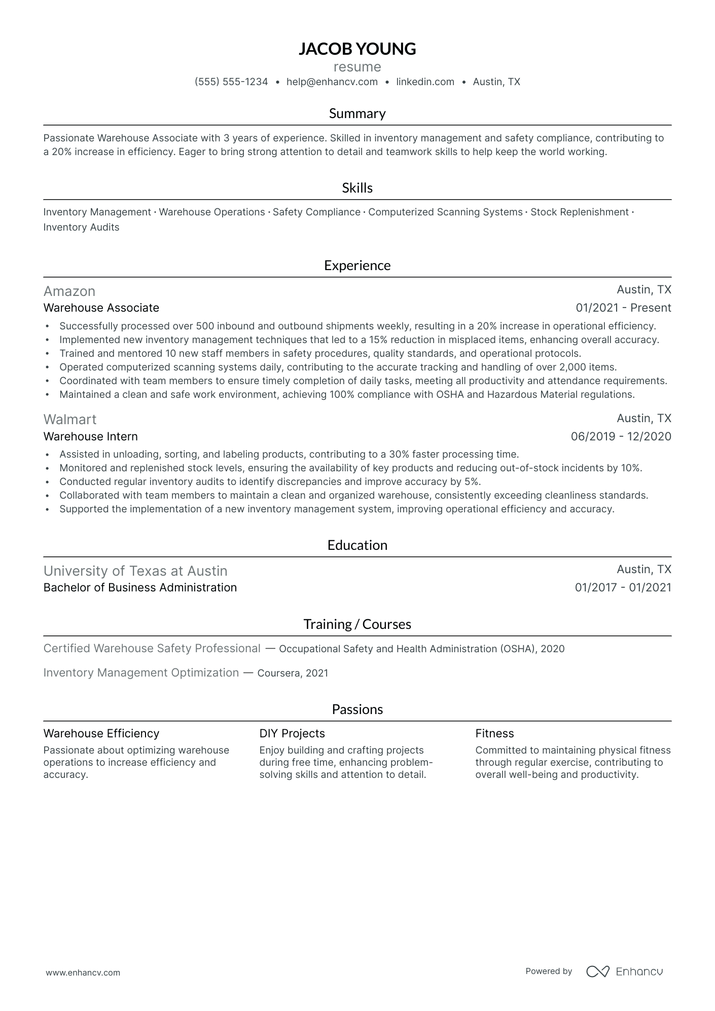 Overnight Warehouse Associate resume example