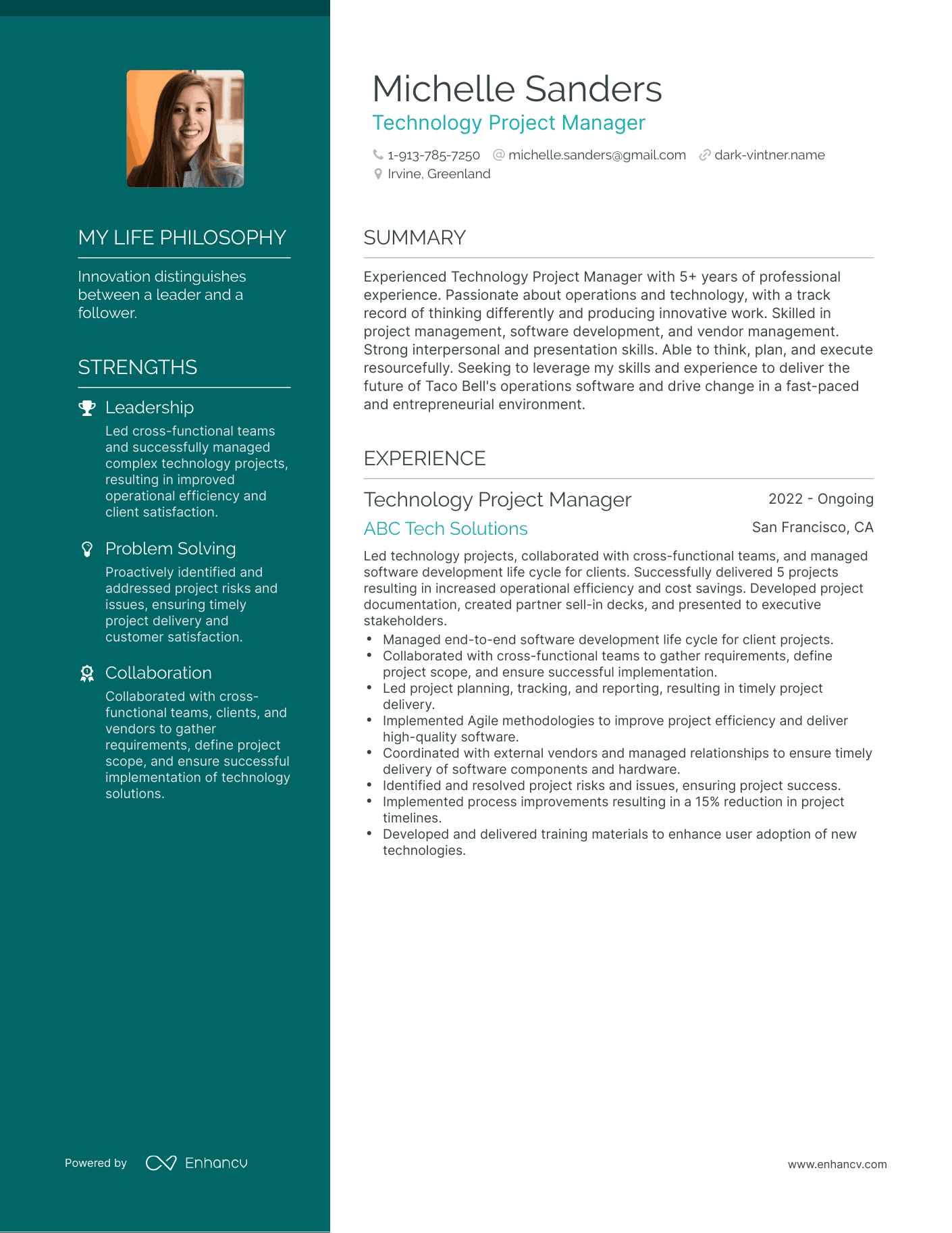 Creative Technology Project Manager Resume Example