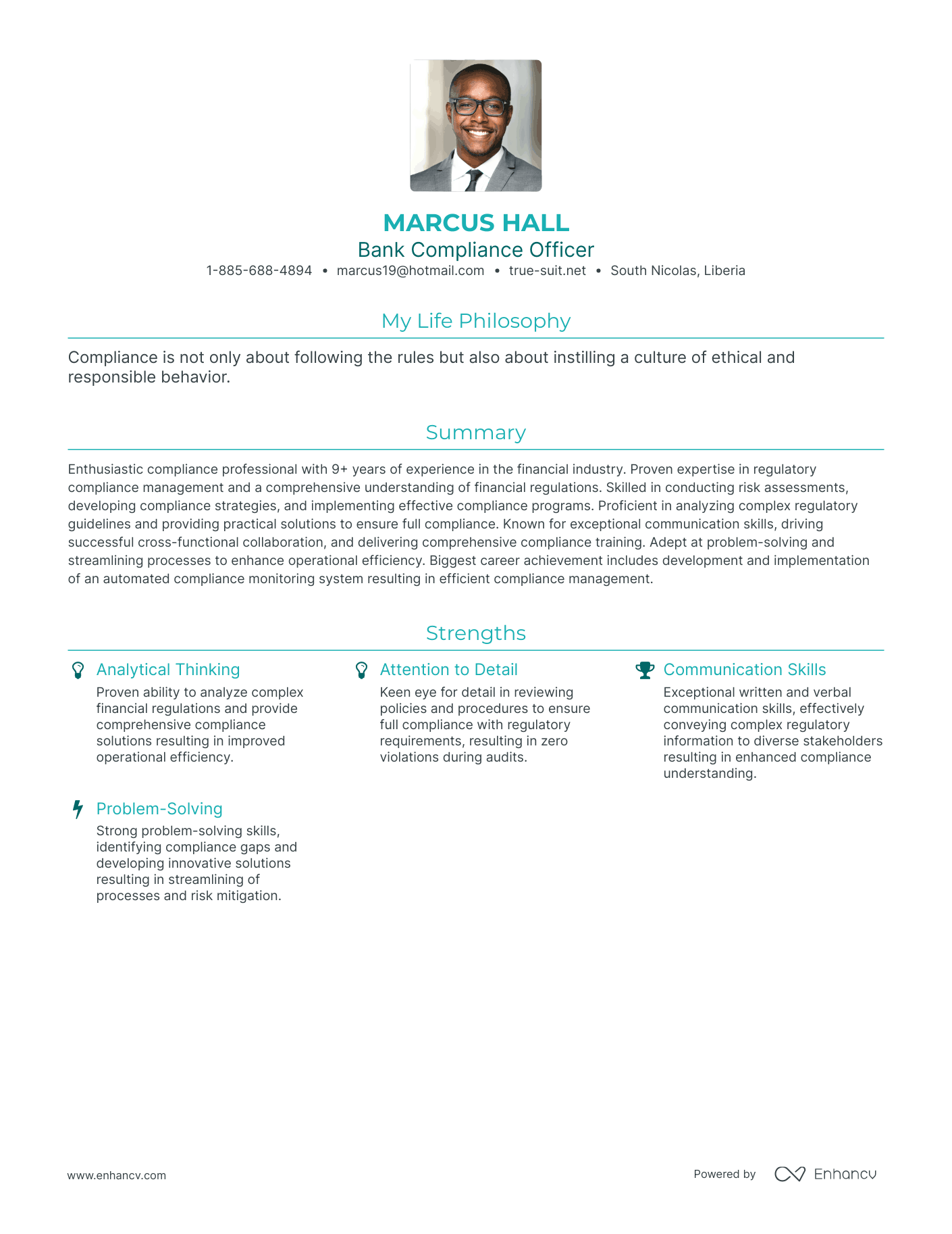 Modern Bank Compliance Officer Resume Example