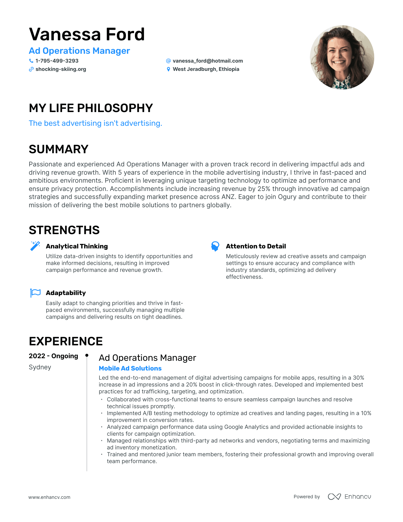 Creative Ad Operations Manager Resume Example